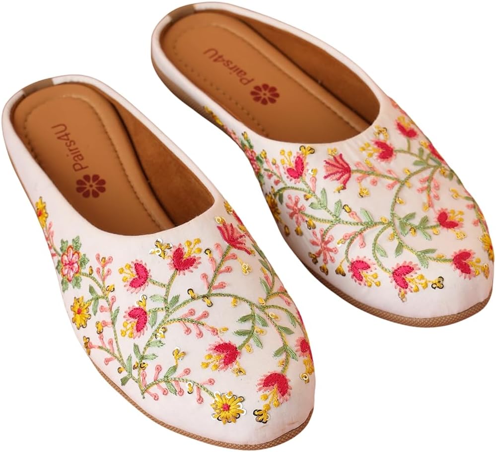 Women's Mojari Jutti Ethnic Punjabi Juttis Traditional Flat Embroidered Canvas Fancy Bellies Comfortable Sole for Womens & Girls