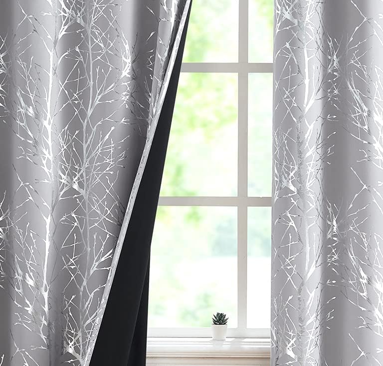 Fmfunctex Tree Grey Blackout Curtains Bedroom Living Room Metallic Silver Branch Window Draperies 72inches Length Forest Foil Print Curtain Panels for Basement Laundry Room 50" W 2 pcs