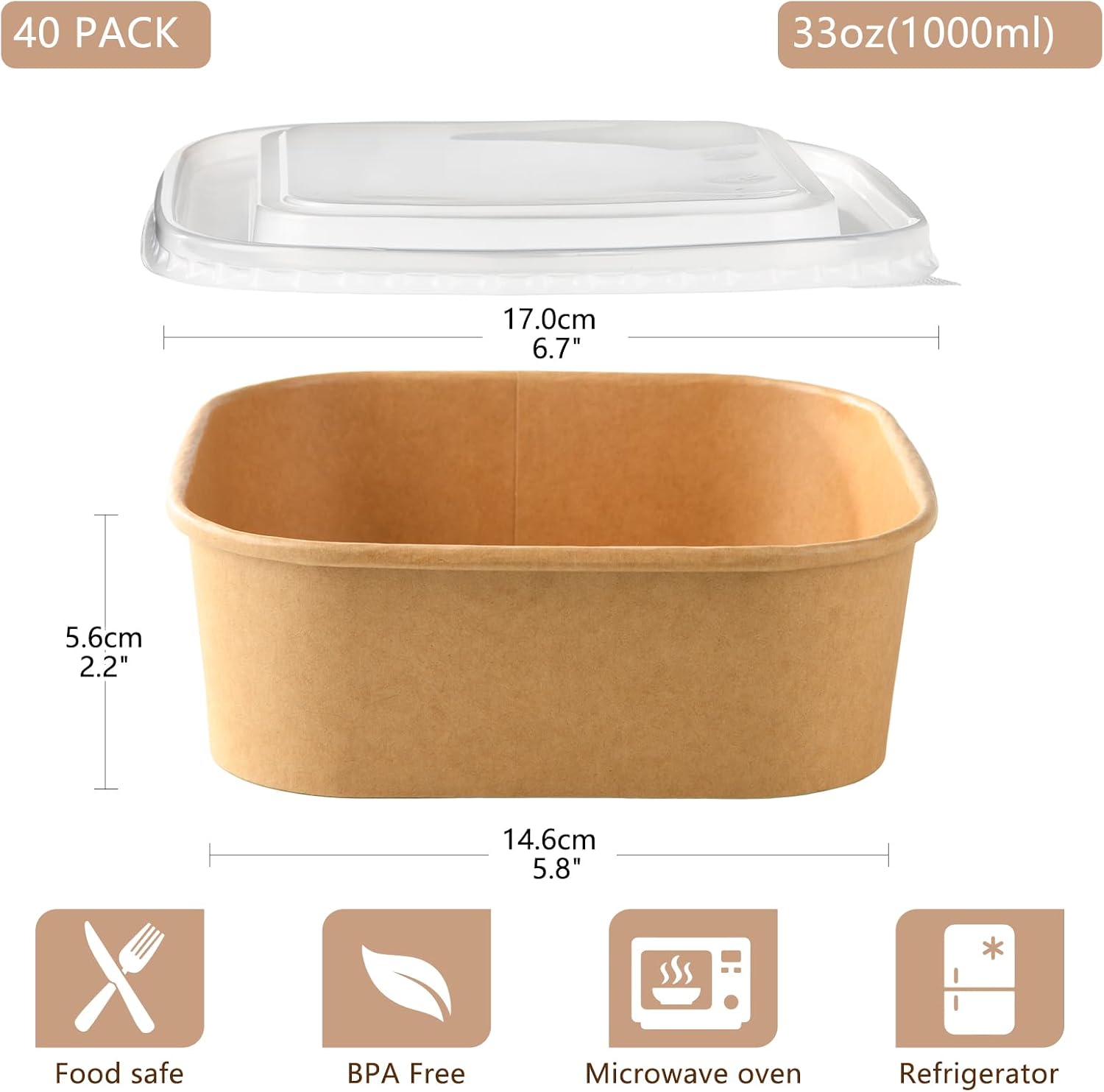 40 Sets 33 oz Disposable Kraft Paper Bowls with Lids - Square image 2