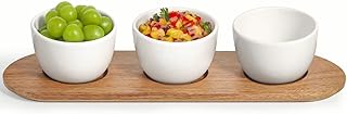 Wareland 12oz Chip and Dip Serving Set with Acacia Wooden Tray, White Glazed Ceramic Dipping Bowls, Serving Dishes for Ent...