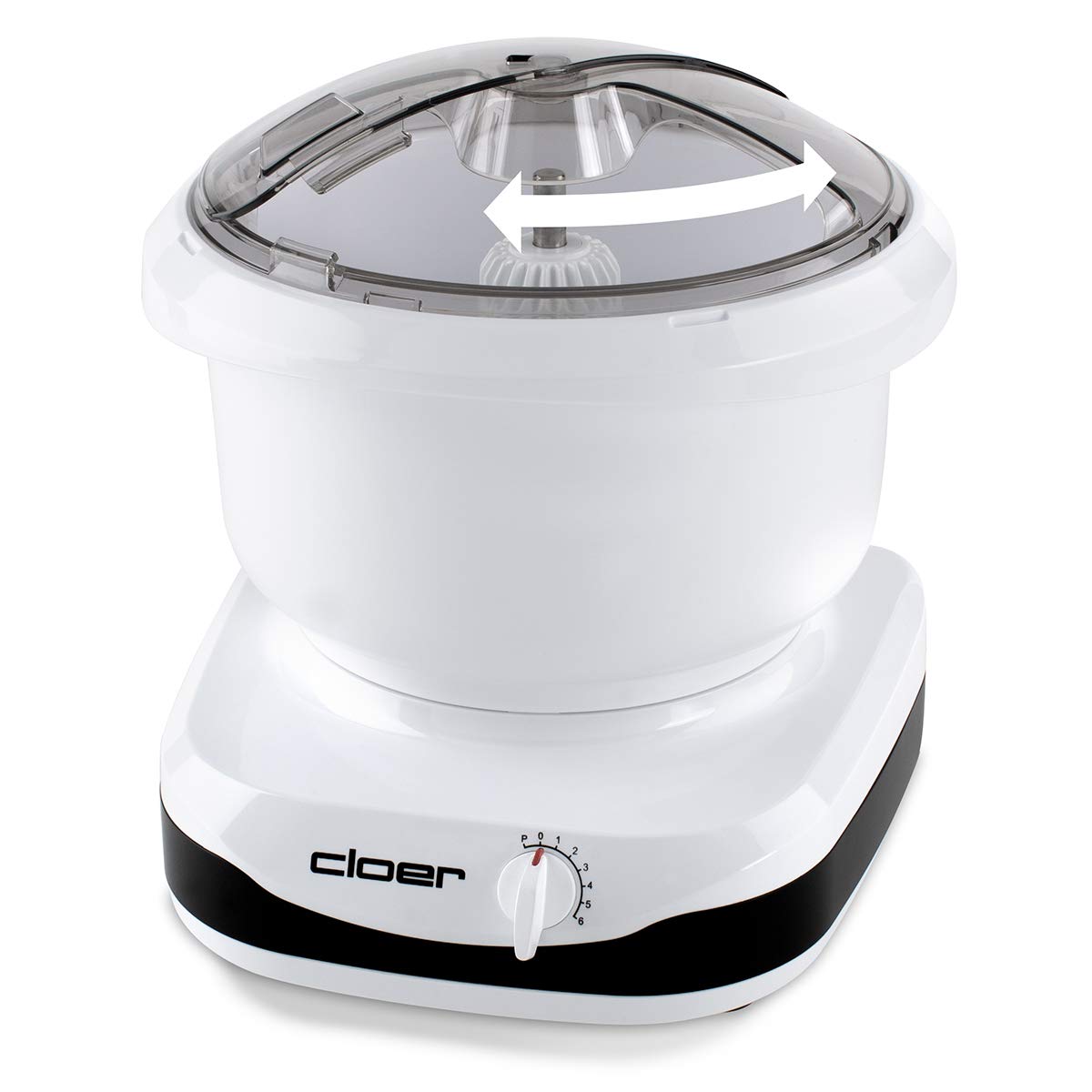 cloer 7001 Küchenmaschine mit 6 Liter Rührschüssel, Knethaken, Schneebesen, Kuchen-Rührbesen, und Schüsselschaber, 6 Geschwindigkeitsstufen, 650 W, weiß