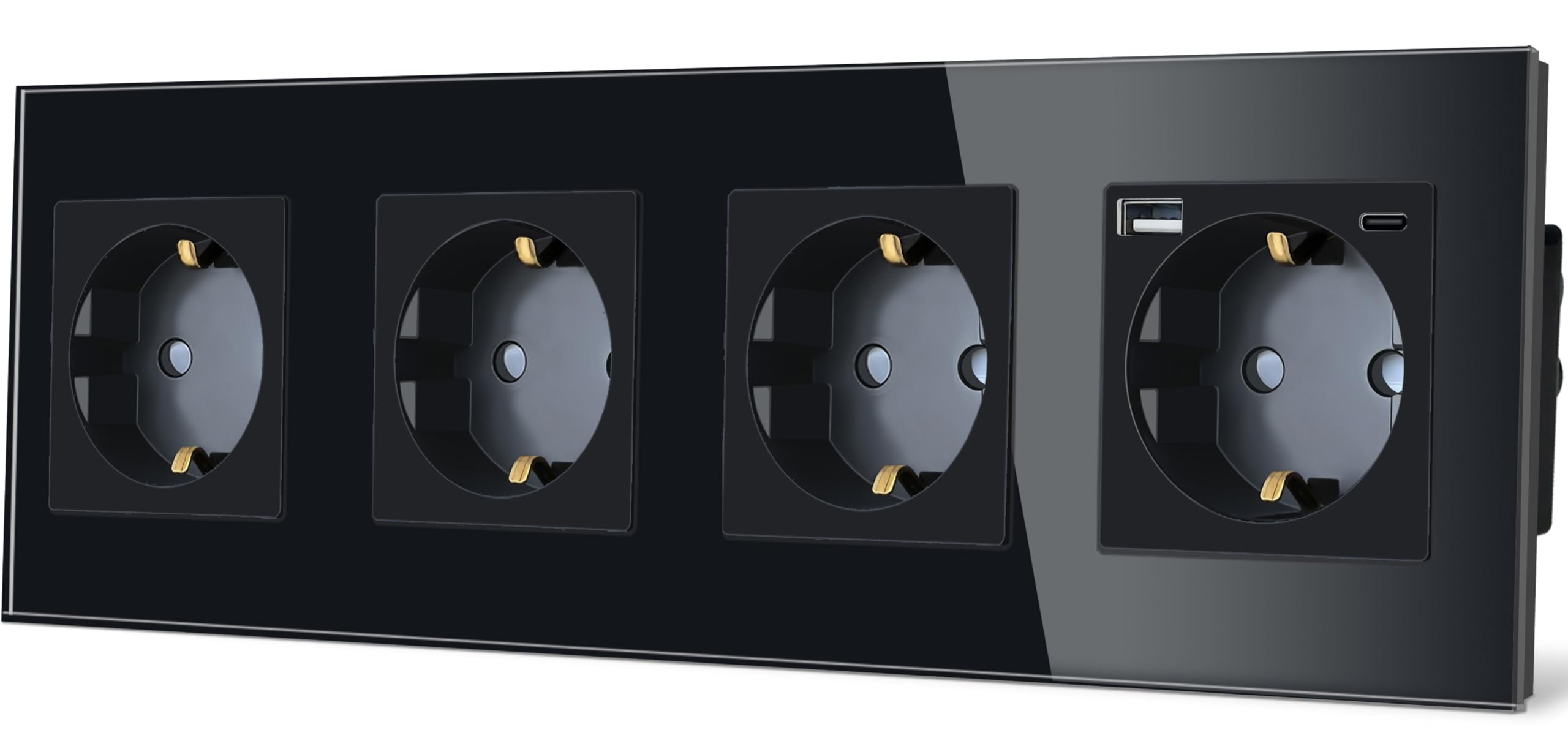 TAWOIA Enchufe Schuko, 4 enchufes estándar de la UE con USB tipo C (máx. 20 W), interfaz de carga rápida con placa de cristal de cristal, 4 enchufes de pared, color negro, 86 x 299 mm