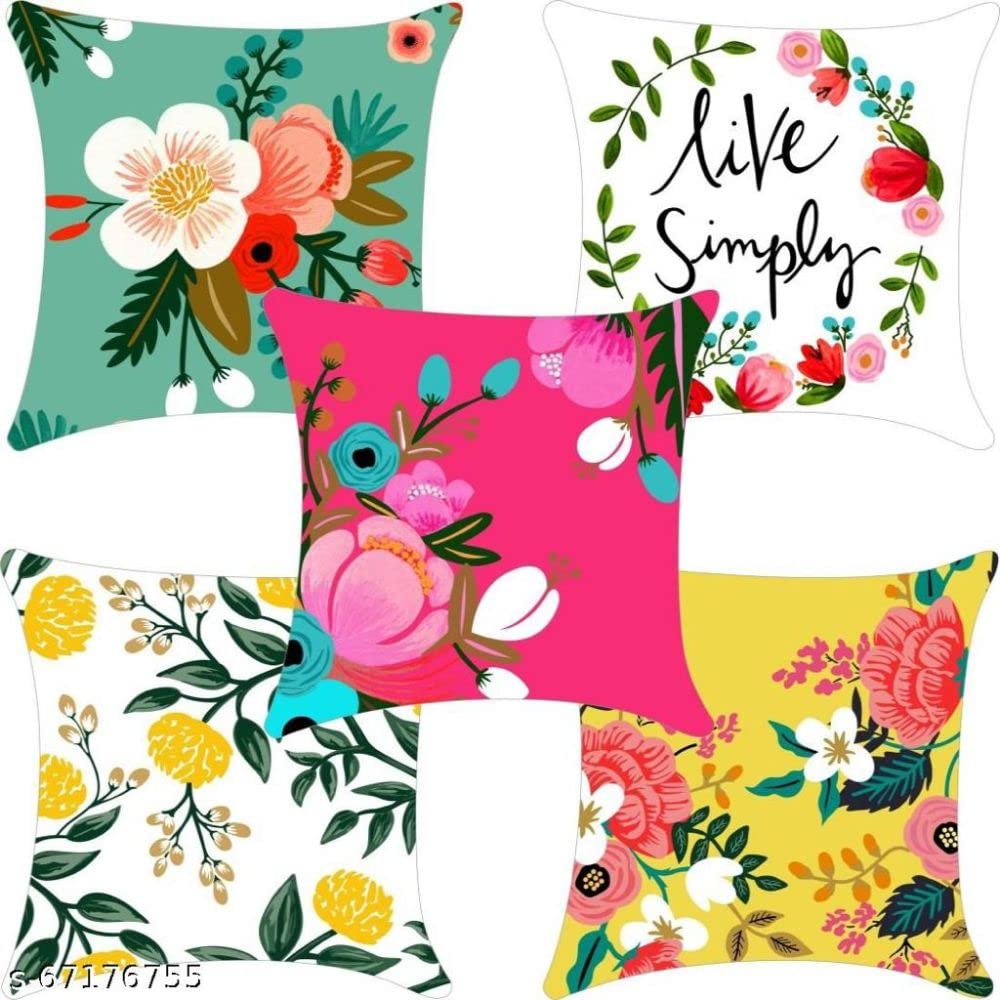 Yogini™ Set of 5 Decorative Satin Cushion Covers - DH-05 (Multicolor, 16 inch x 16 inch, 40 cm x 40 cm)