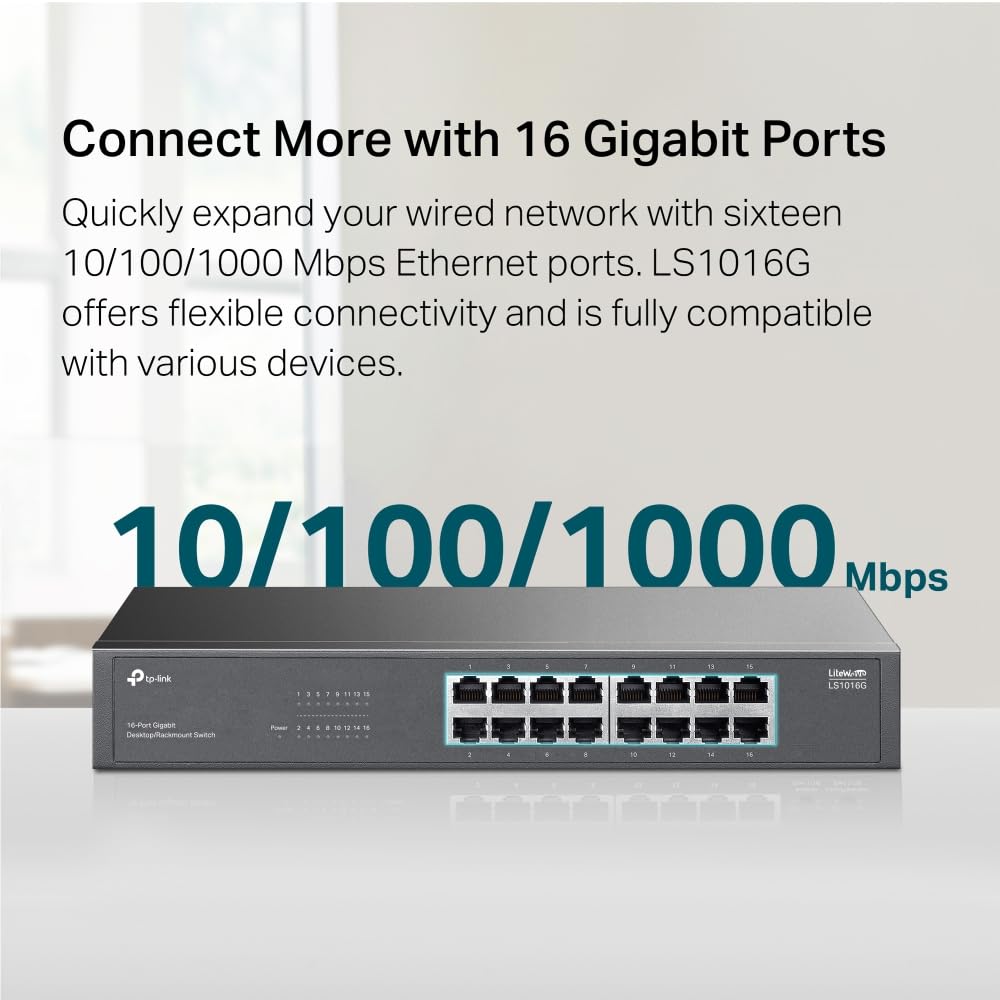 TP-Link Switch Gigabit a 16 porte per desktop/montaggio su rack, autoapprendimento di direzione MAC, MDI/MDIX automatico, negoziazione automatica, QoS, design senza ventola, tecnologia di