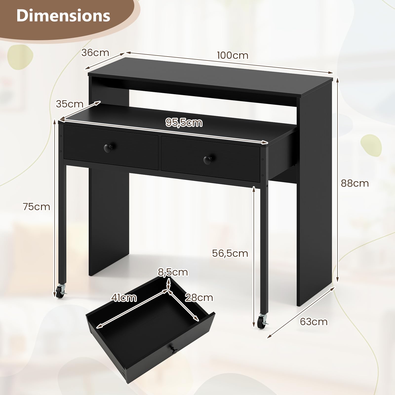 GIANTEX Escritorio de Ordenador con Tablero Extensible, 100 x 63 x 88 cm, 2 Cajones de Almacenamiento y Estante Abierto, Diseño Compacto con Ruedas, Mesa de Trabajo para Dormitorio, Oficina (Negro)