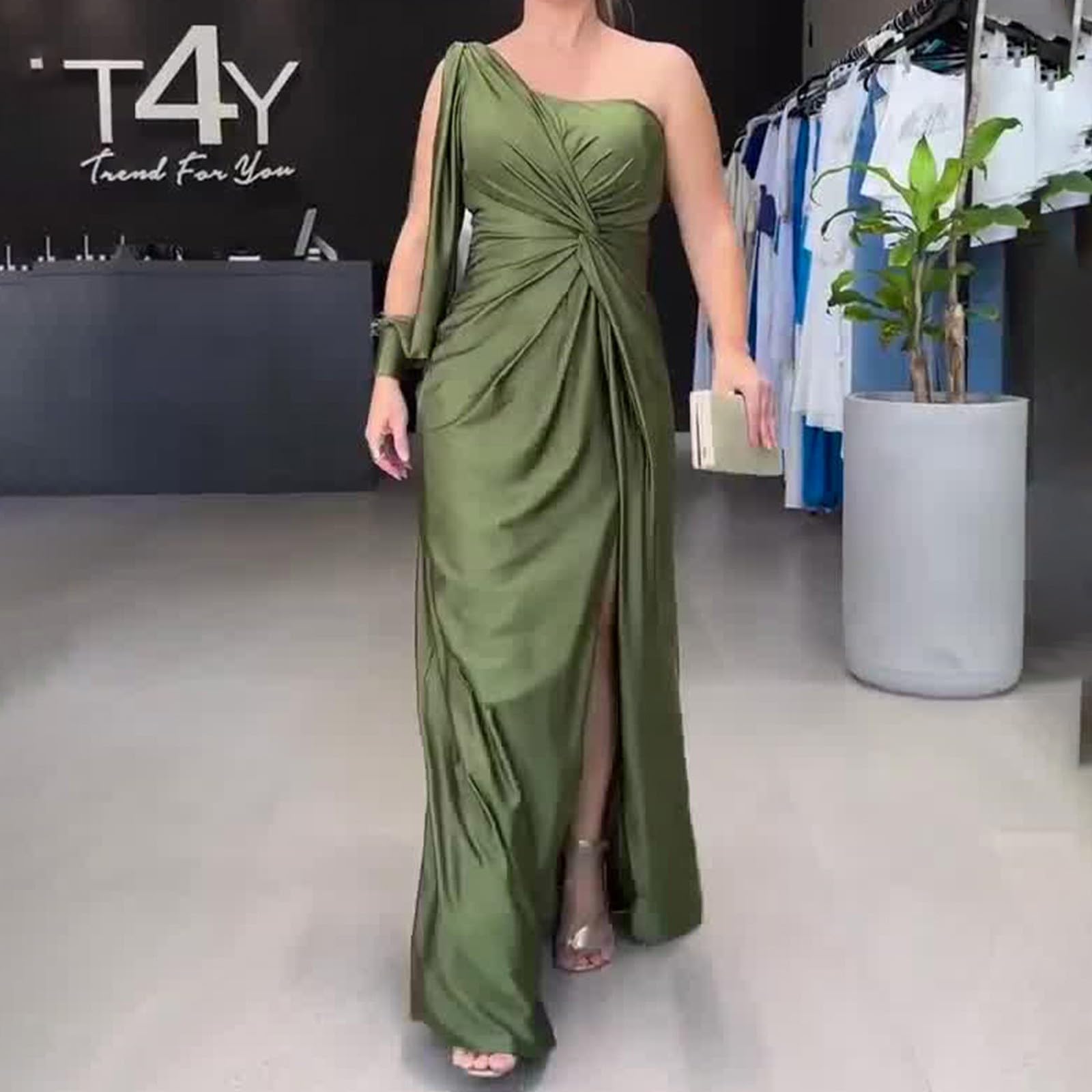 Tunique rouge à une épaule en satin robe de bal à manches longues robes formelles avec fente plissée une ligne soirée robes festives pour femme mariage