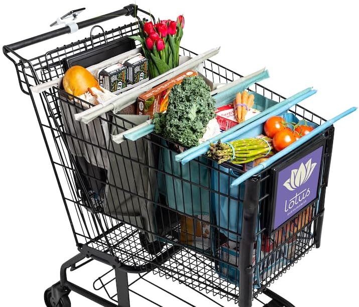 Lotus Trolley Bags -Set of 4 -w/LRG Cooler Bag & Egg/Wine Holder! Reusable Grocery Cart Bags Sized for USA. Eco-Friendly 4-Bag Grocery Tote.