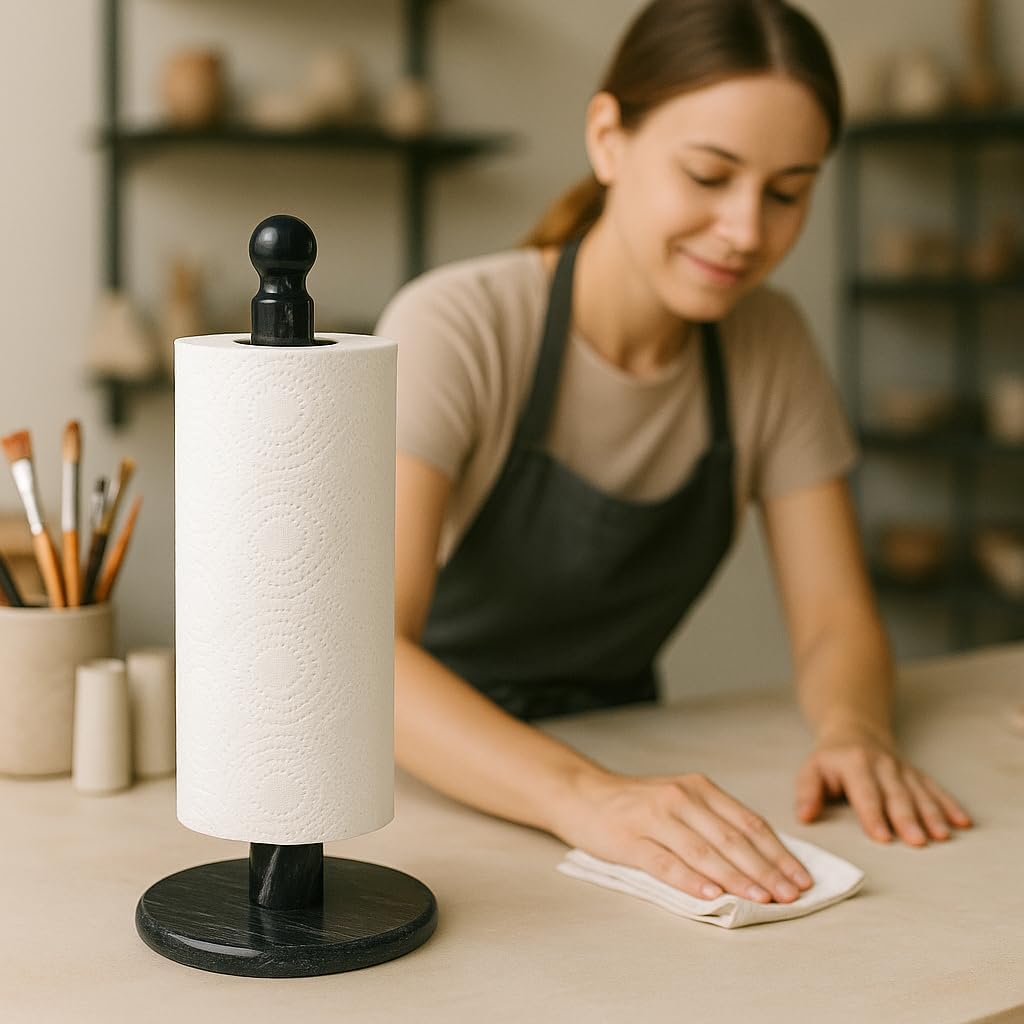 Creative Home Natural Marble Upright Paper Towel Holder 12.5" H × 6" Dia | Heavy Weighted Solid Base for Kitchen, Bathroom Countertop | Elegant Organizer and Gift Black