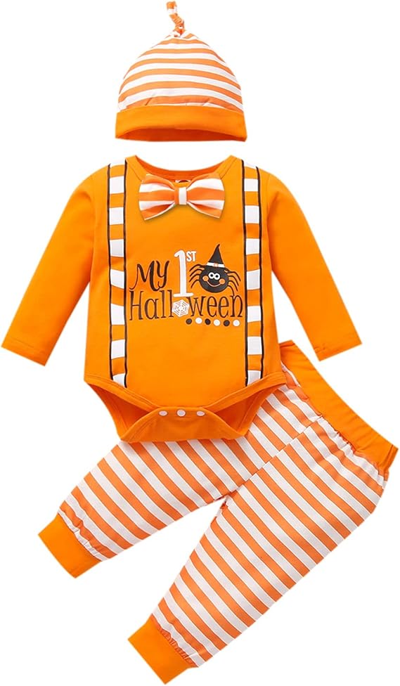 WangsCanis Baby,Clothing,Baby Boys 0-24m,Outfits & Clothing Sets WangsCanis 3Pcs Baby Halloween Outfit Toddler Baby Girls Boys My First Halloween Romper Pumpkin Print Long Sleeve Top+Print Cartoon Pants+Hat Baby Boys Halloween Clothes