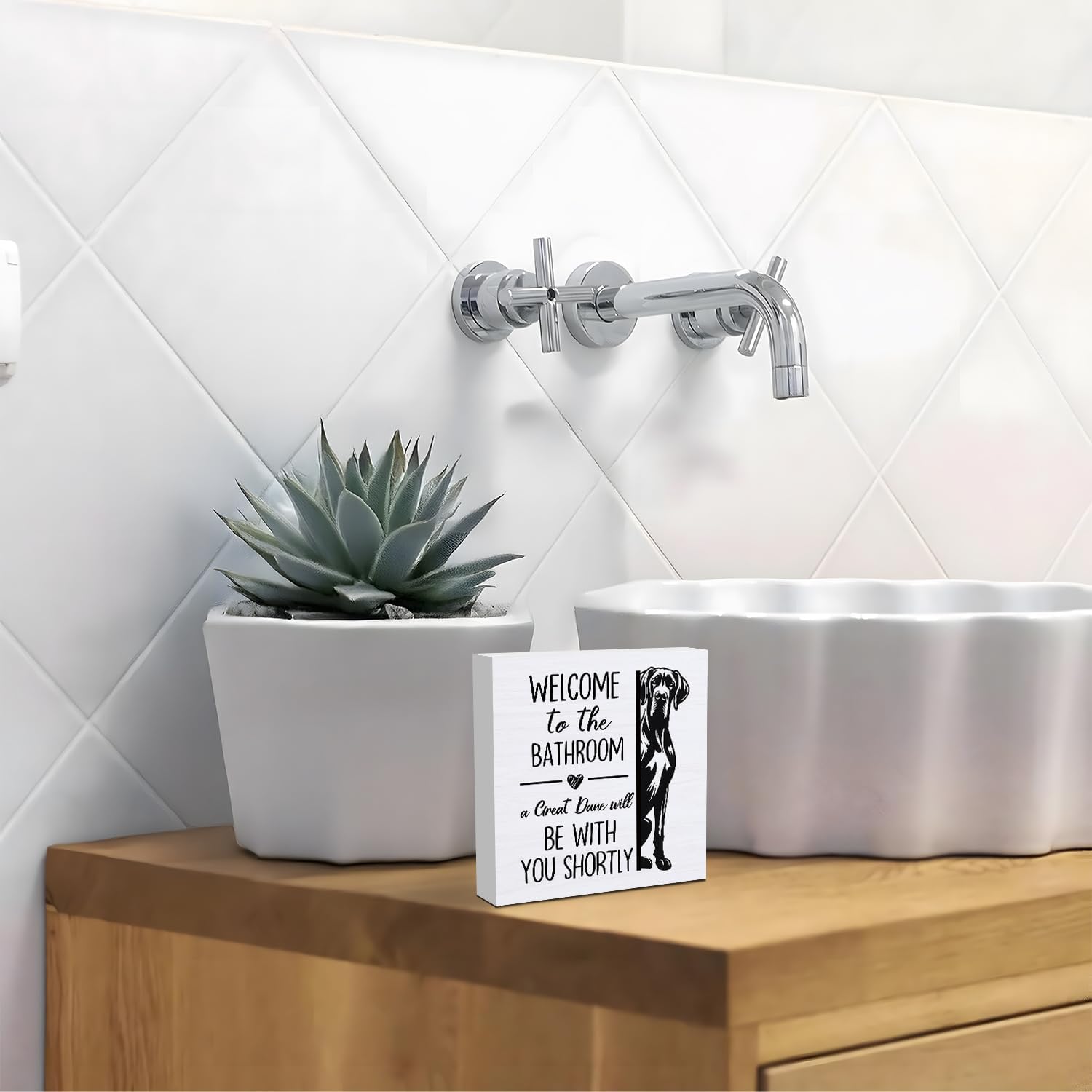 Funny Great Dane Bathroom Wooden Box Sign, Great Dane Gifts for Women,Humorous Dog Wood Block Plaque Signs for Bathroom Toilet Restroom Desk Table Shelf Decor, 5x5 Inch - Image 5