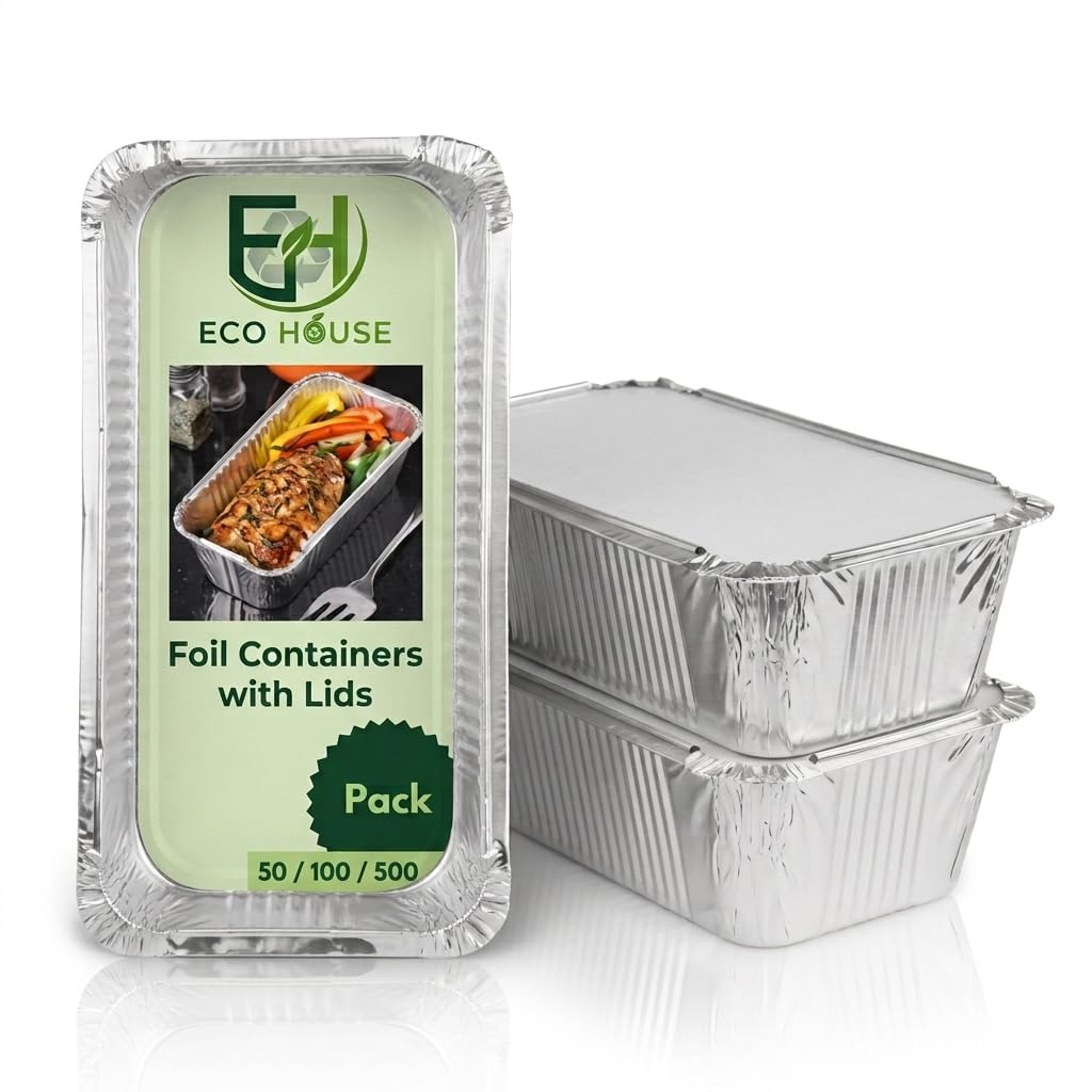 Eco House Aluminium Foil Trays with Lids, 100-Pack No 6a Foil Food Containers | Recyclable Aluminium, Freezer to Oven Safe, Meal Prep, Batch Cooking, Baking, Takeaway, BBQ, Air Fryer Compatible