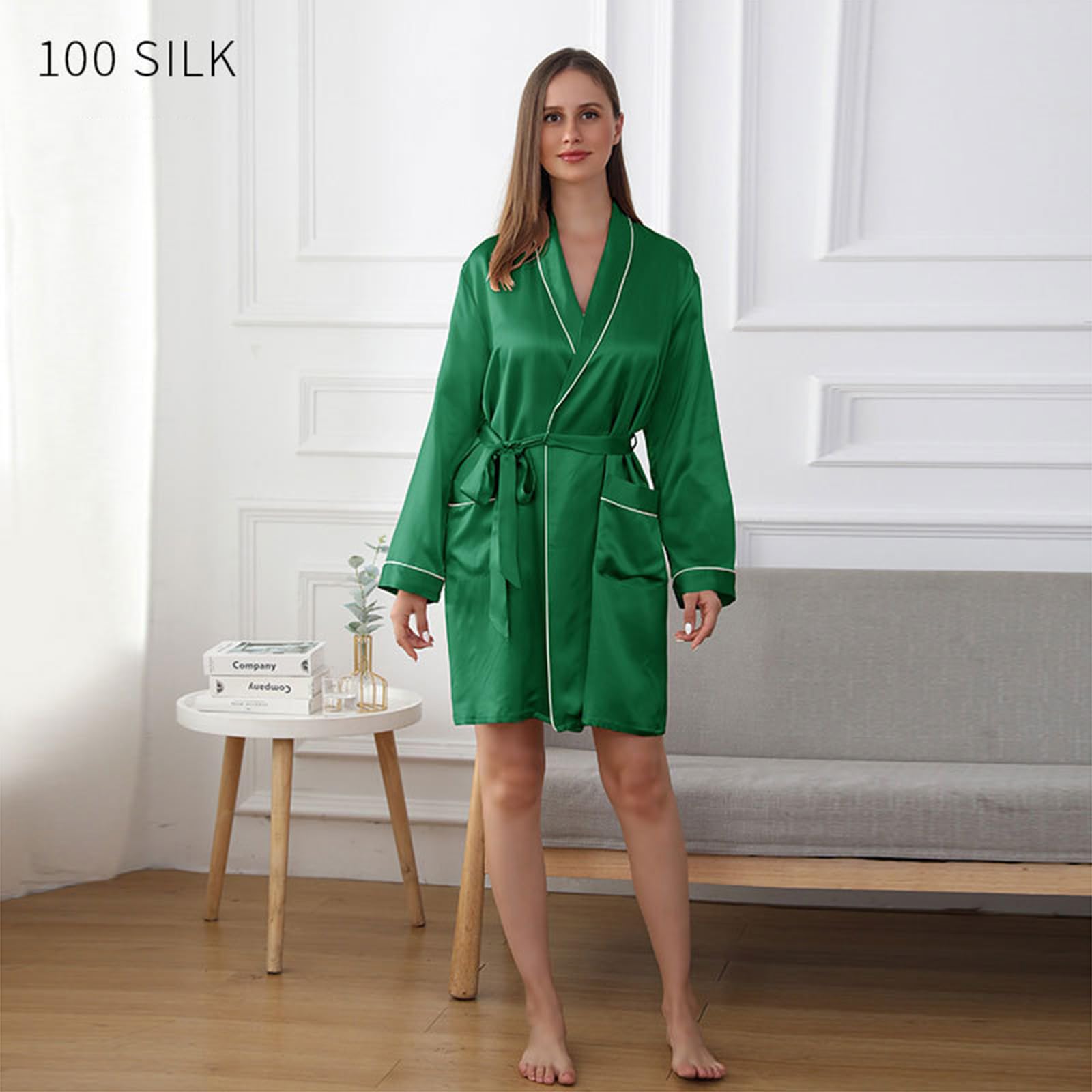 Damen Seide Nachthemden,19 Mama Sexy Satin Nacht Bademäntel Damen Satin Nachthemd,Dark Green,XS