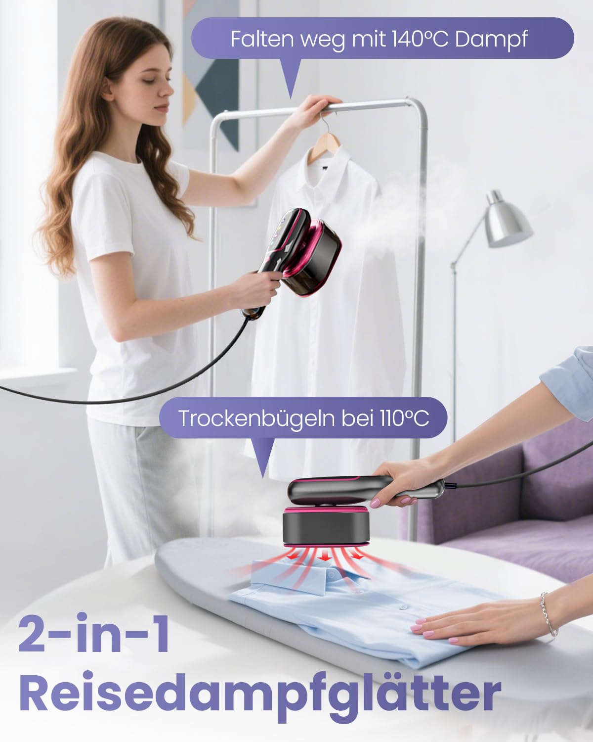2-in-1 Tragbarer Dampfbügler für Kleidung - 15 Sek, Schnellaufheizung (1200 W), 90° Drehbarer Griff, 5 Dampfmodi, 15 Min, Kontinuierlicher Dampf – Ideal für Reisen & Zuhause