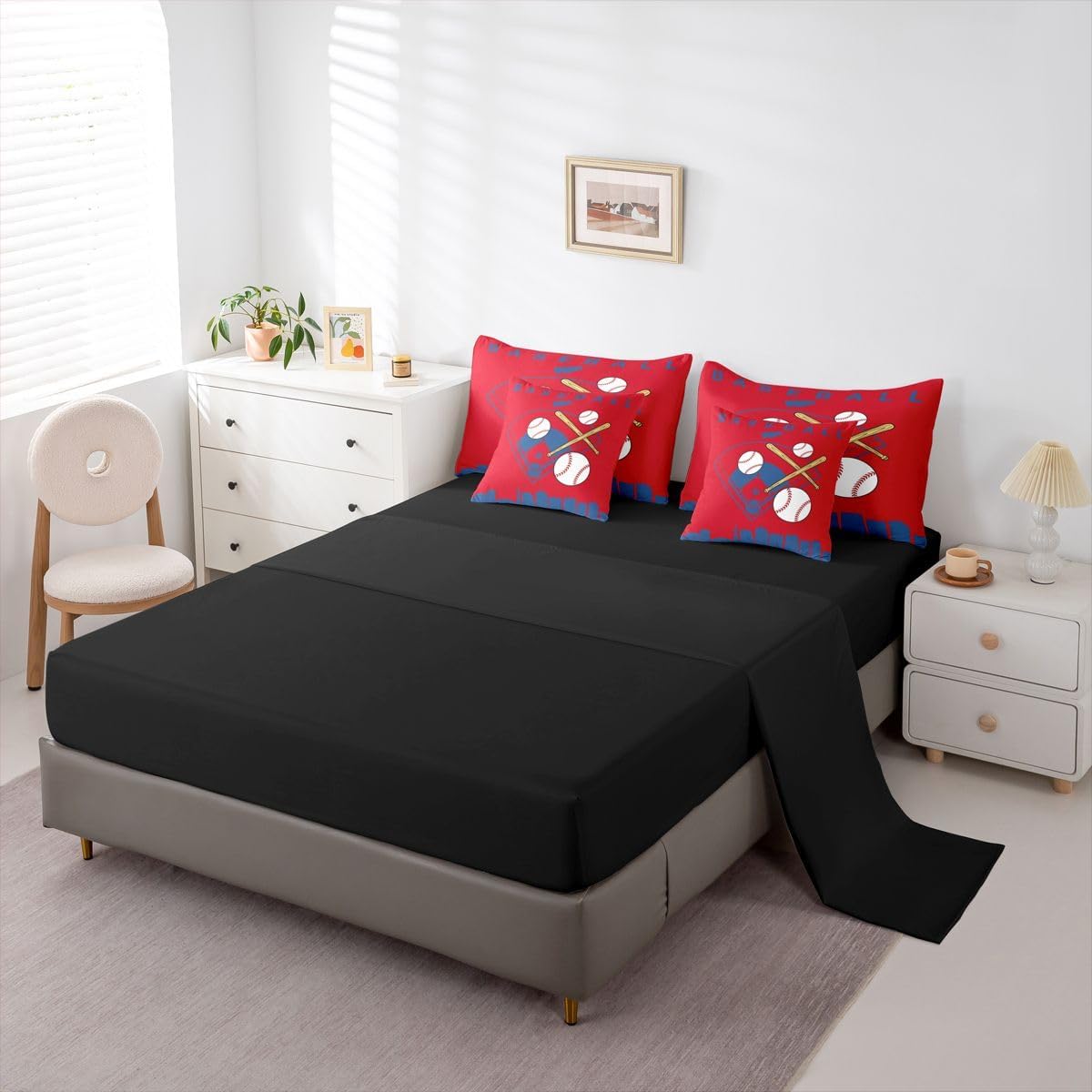 Erosebridal Kids Baseball 7 Piece Bedding Set Softball City Queen Comforter Set for Boys Teens Youth Baseball Bat Sheet Sets Sports Games Bed in A Bag with Flat Sheet