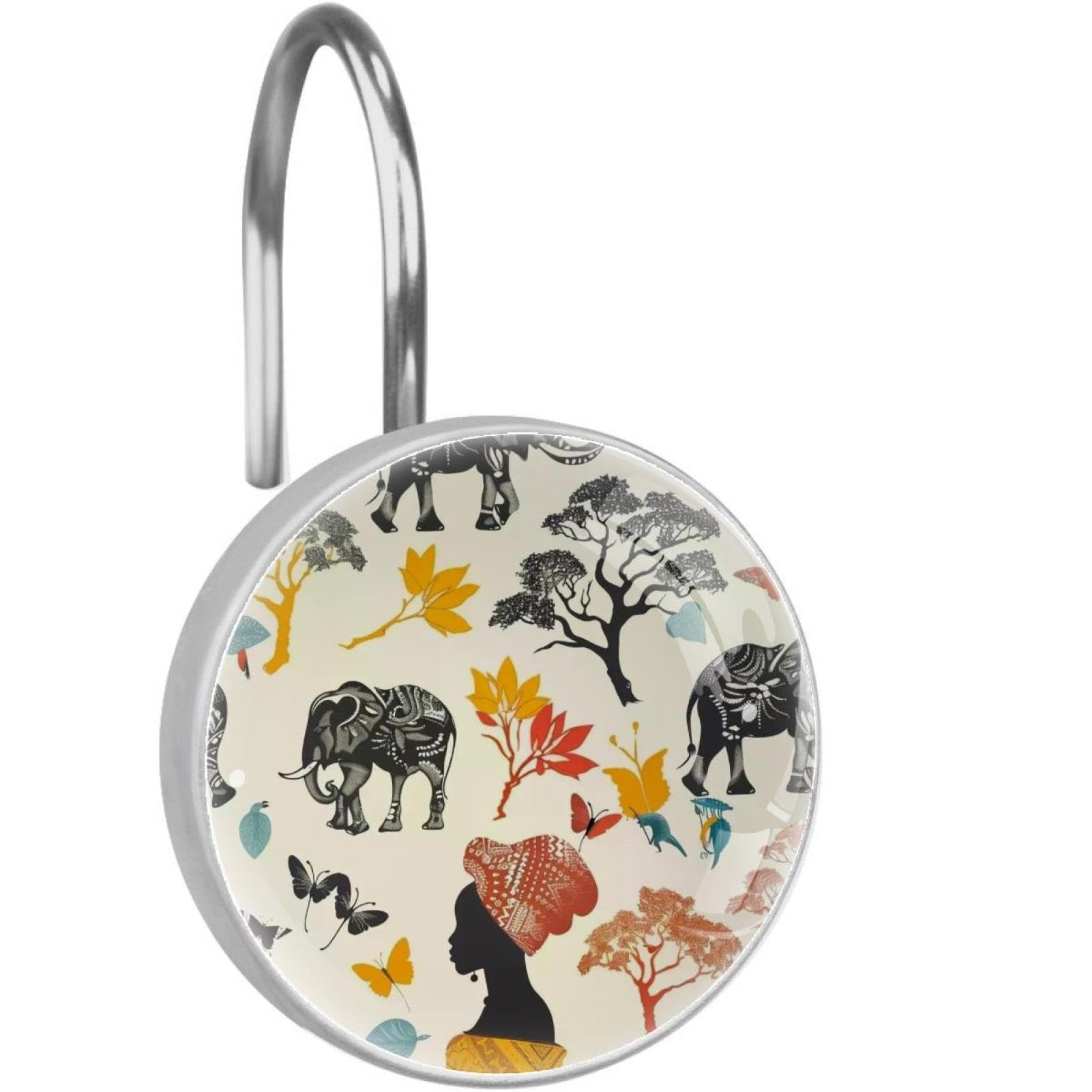 Ganchos para cortina de ducha vintage de cristal con elefante y ciervo juego de 12 anillos inoxidables