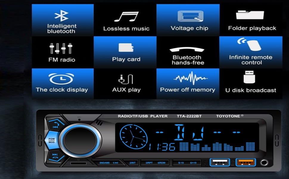 Image of TOYOTONE Universal Fit Single Din Car Stereo MP3 Music System with Remote, Bluetooth, One Touch to Receive Call (FM /AUX /USB /TF), Dual USB Ports (Music & Charging) SD Card Slot (TTA-2222BT)