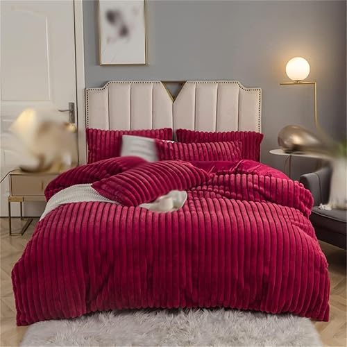 HARUE Red Super Soft Velvet Vertical Duvet Cover Set Double King Bed 4pcs Plush Bedding Set Flat Sheet Pillow Case (Color D, Size 200 * 230cm)