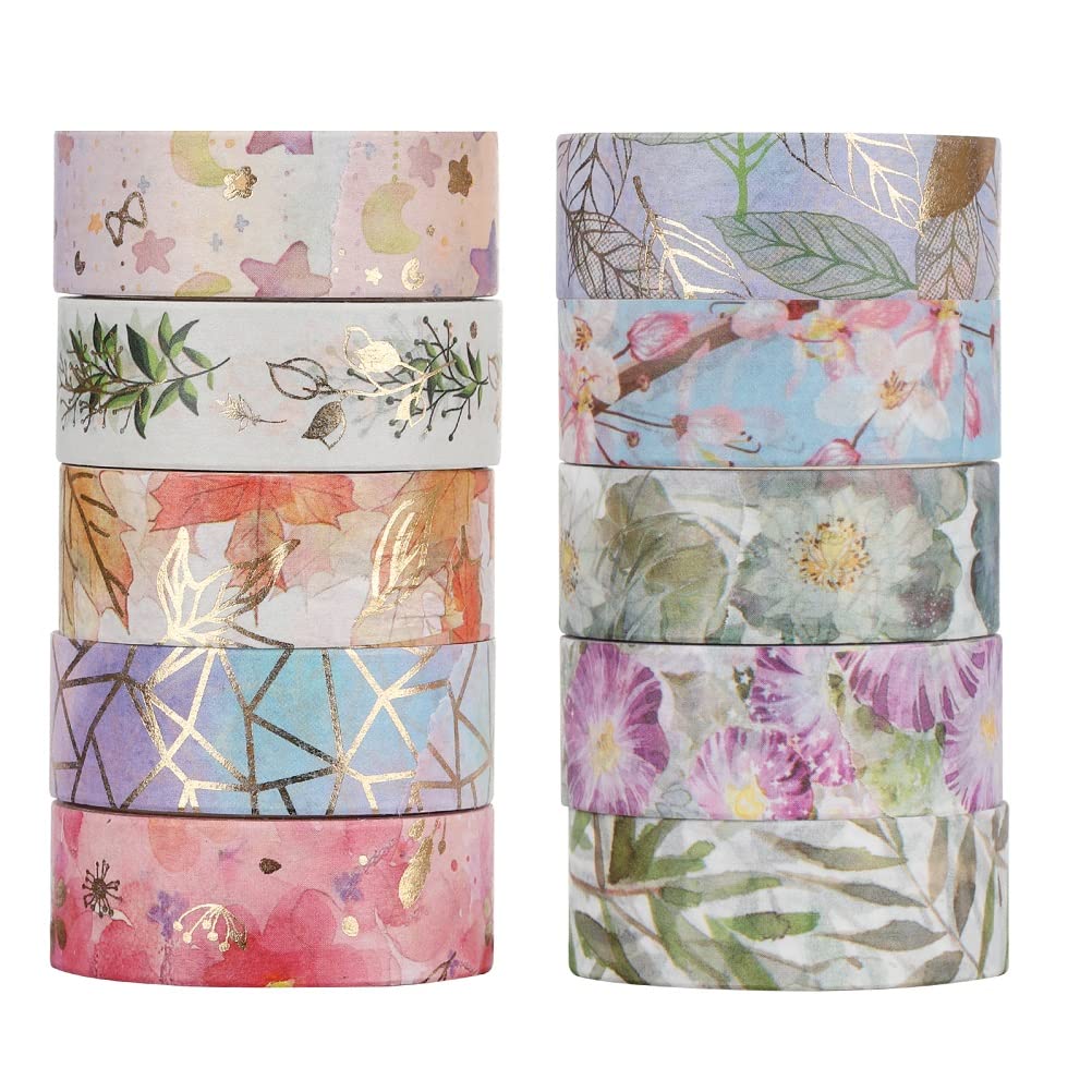 WIFUN 10 Rolls Washi Tape, Decorative Washi Masking Tape Gold Foil Washi Tape Craft Tape Decorative Tape Sets for Scrapbooking, DIY, Bullet Journal (Wide15mm)