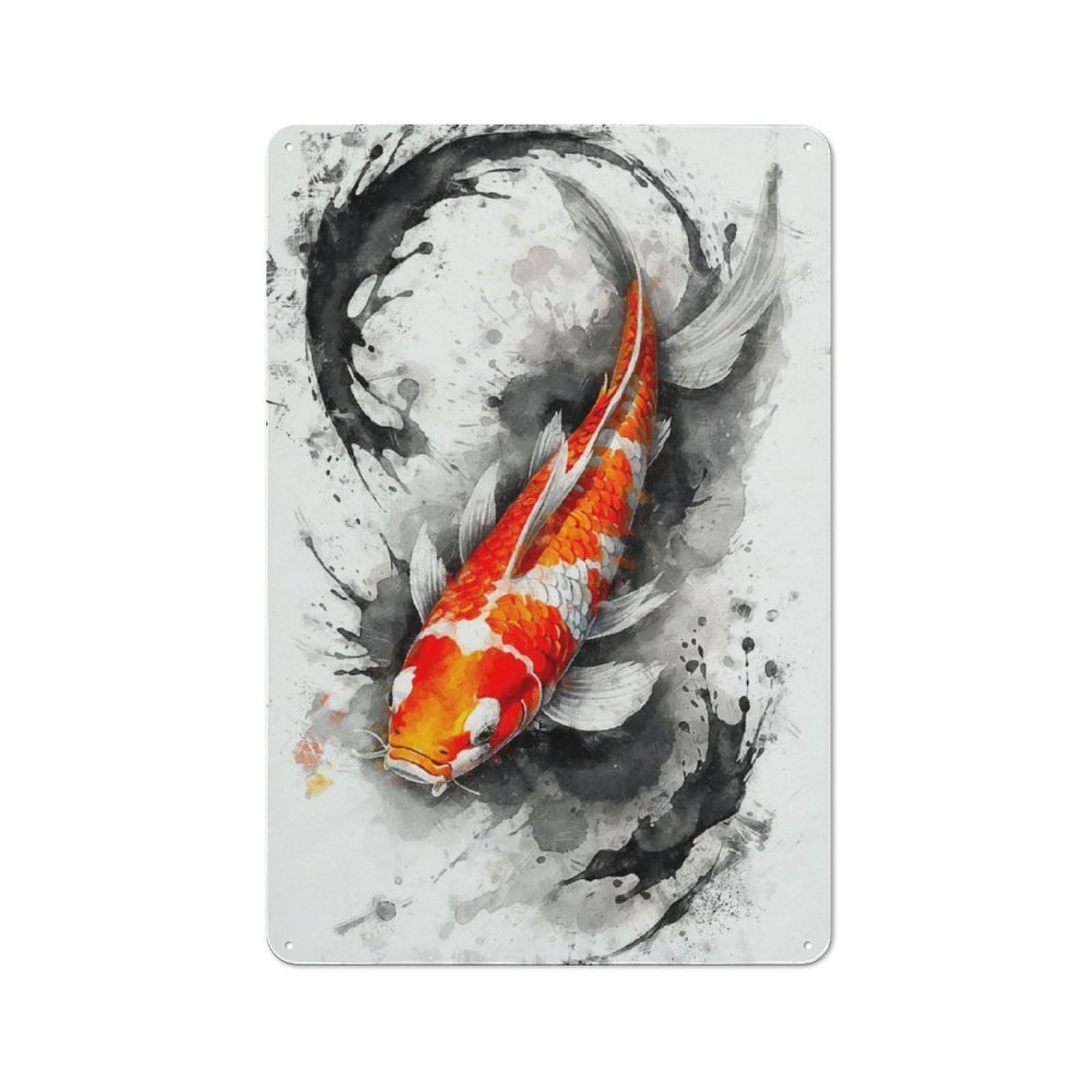 Junmoney Splash Of Koi Fish Tin Wall Plaque 30X20cm With For Bar Or Restaurant, Suited To Bar Decor Enthusiasts