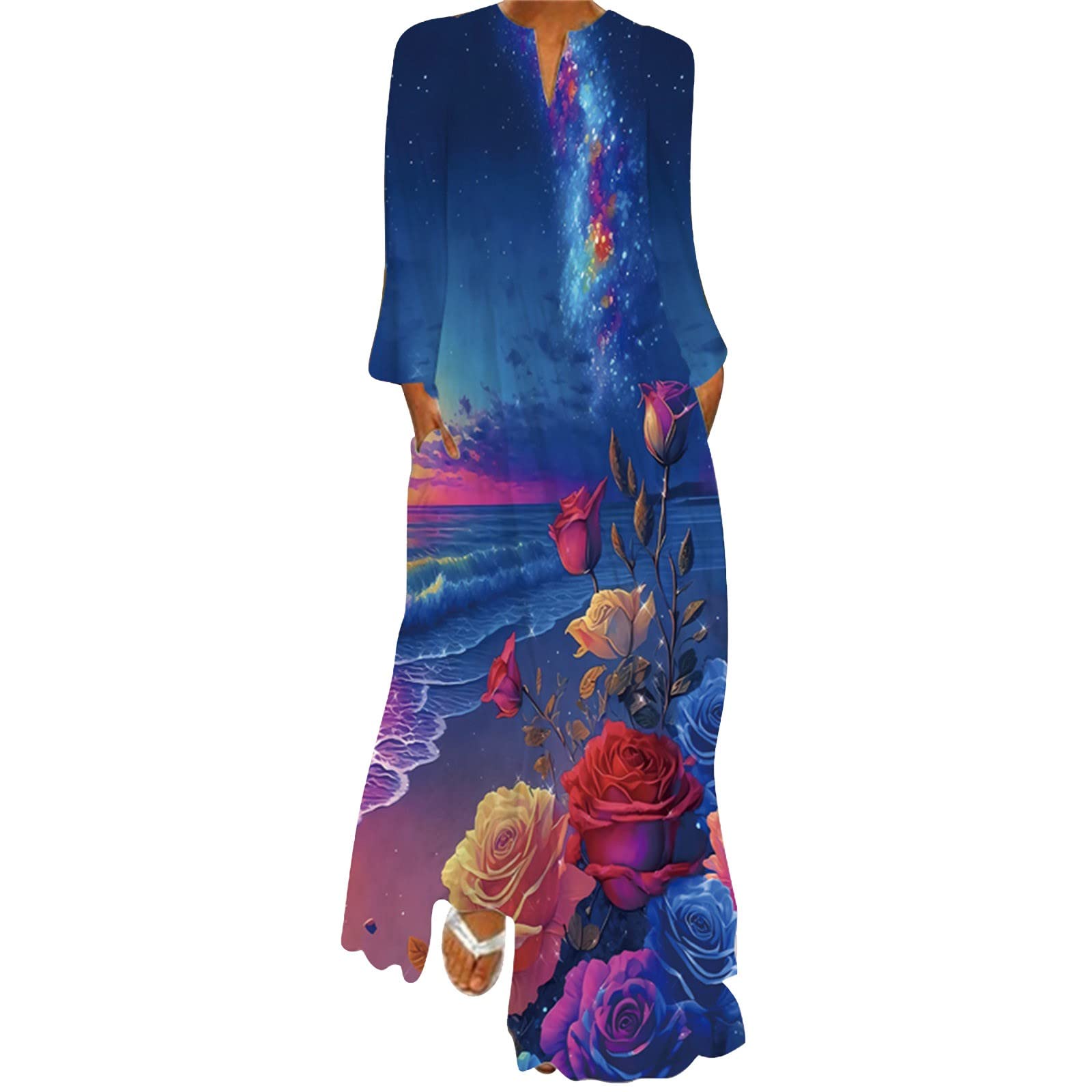 GenericSummer Casual Long Sleeve Floral Print V Neck Loose Comfy Dress Women Pleated Boho Beach Sundress Pelum Hem Maxi Dresses