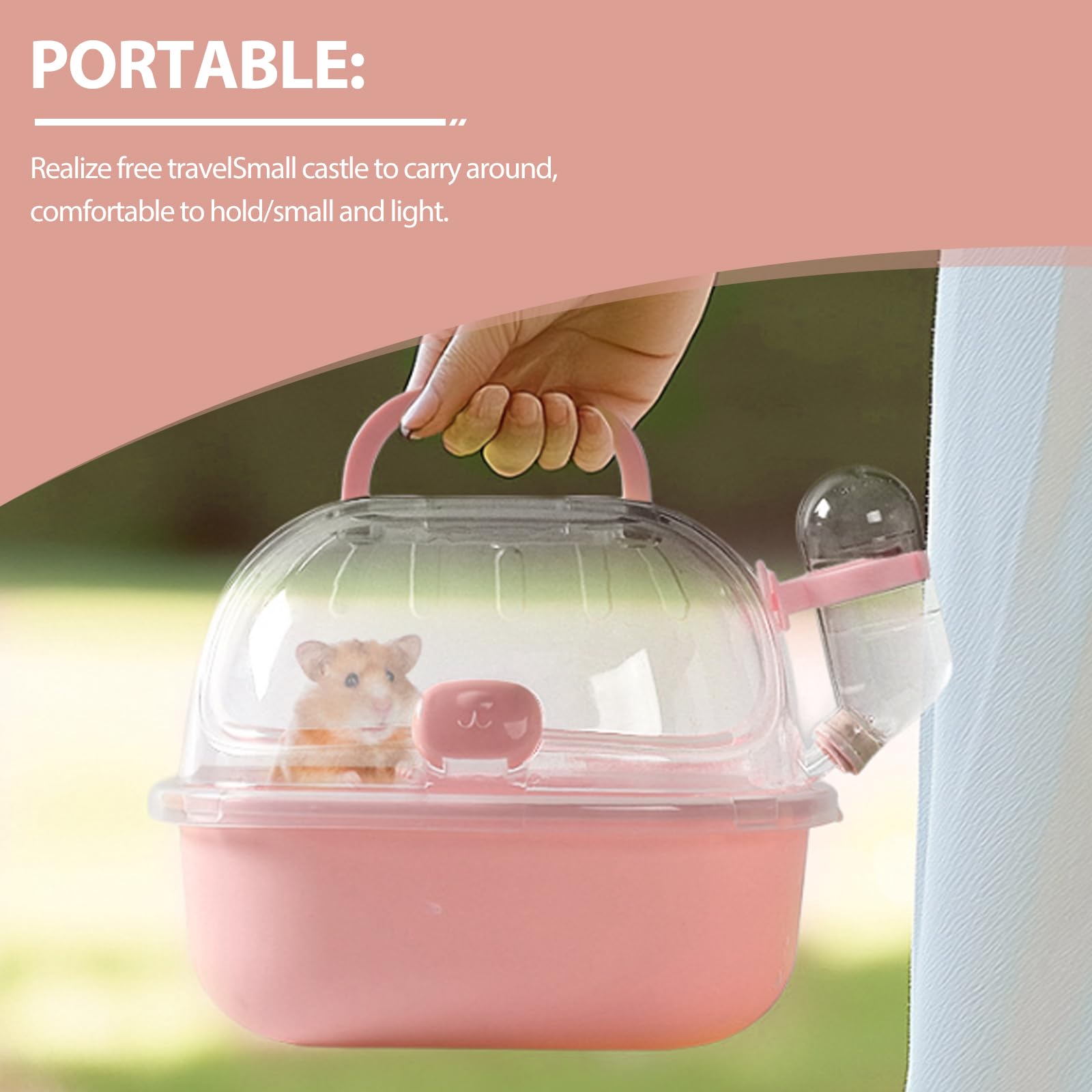 Boîte de transport pour hamster avec bouteille d'eau, portable, avec poignée confortable, 20 L x 18 l x 19 H cm, boîte de voyage pour souris, cochon d'Inde, lapin (rose)
