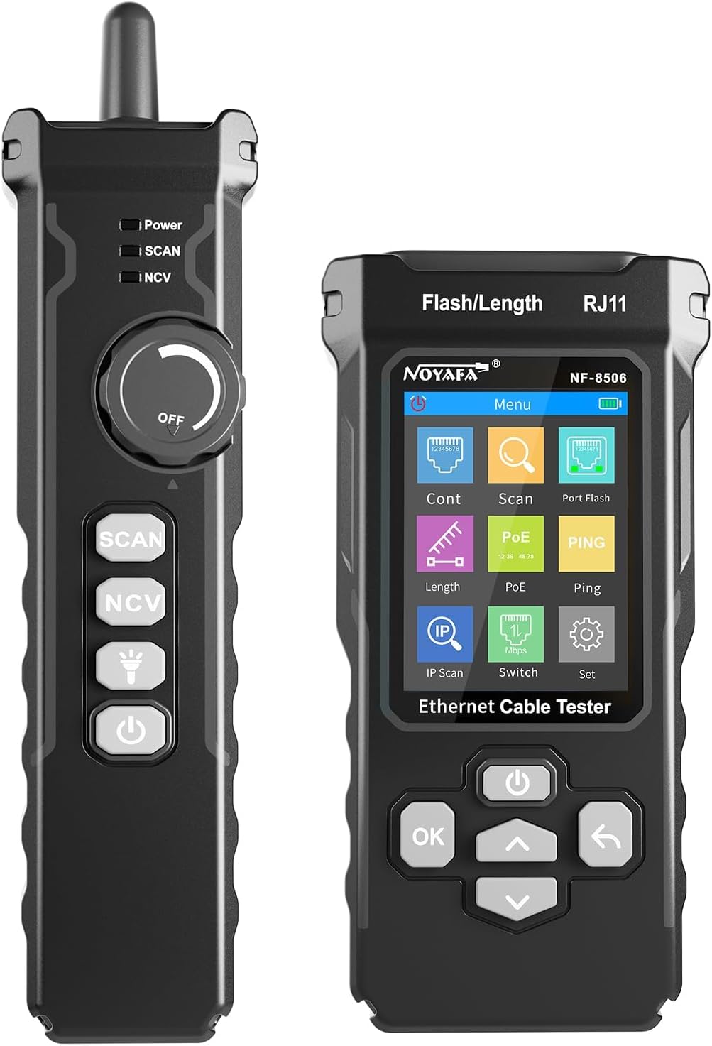 NF-8506 Network Cable Tester with IP Scan, CAT5 CAT6 Ethernet Cable Tester, PoE PingTest, Network Rate Test, Port Flashing, Network Tester Cable Toner for RJ11 RJ45
