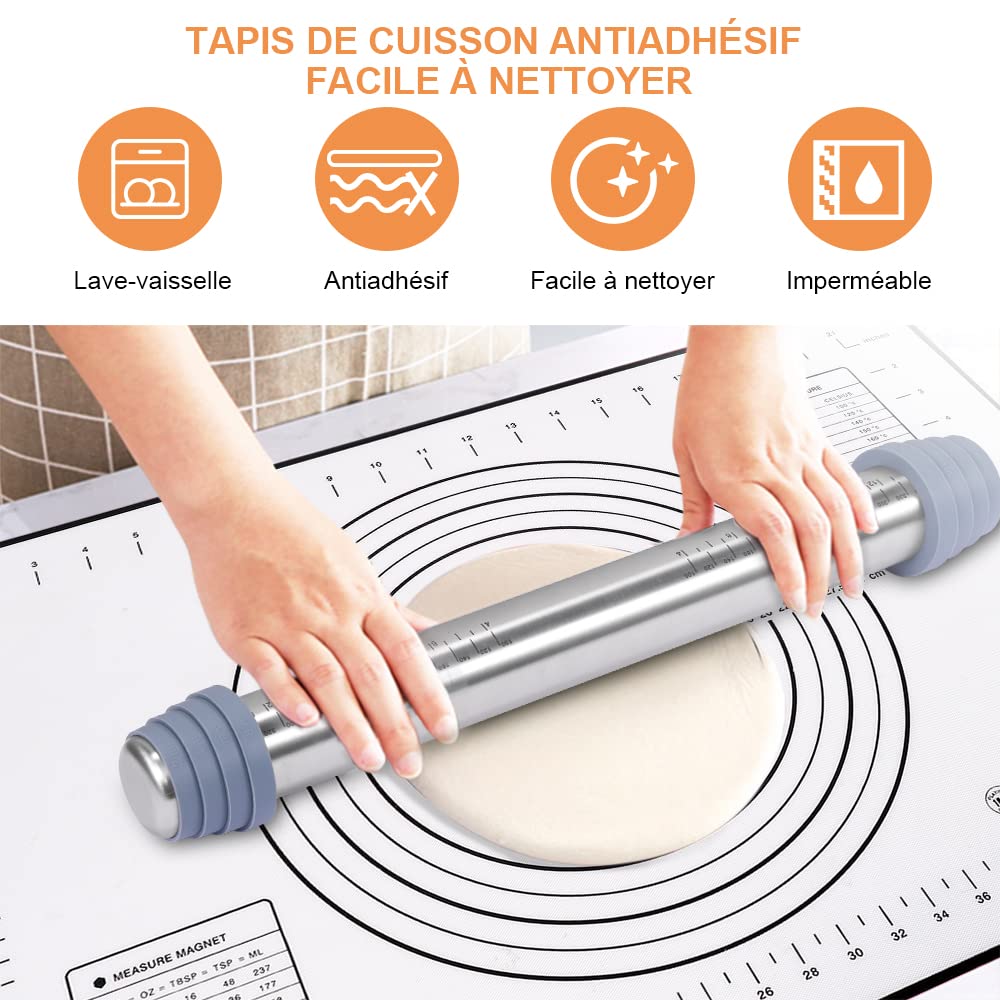 Rouleau à Pâtisserie Antidérapant en acier Inoxydable pour la Cuisson avec Tapis de Cuisson en Silicone et Grattoir, Anneaux D'épaisseur Réglables Amovibles, Accessoires de Cuisson