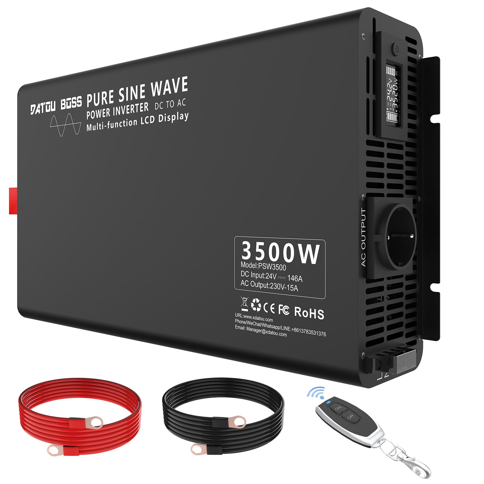 DATOUBOSS Convertisseur 24v 220v Pur Sinus 3500W/7000W Onduleur, 1 Prise EU, Écran LCD, Télécommande sans Fil – Convertisseur pour Voiture, Camion, Camping-Car, Urgence