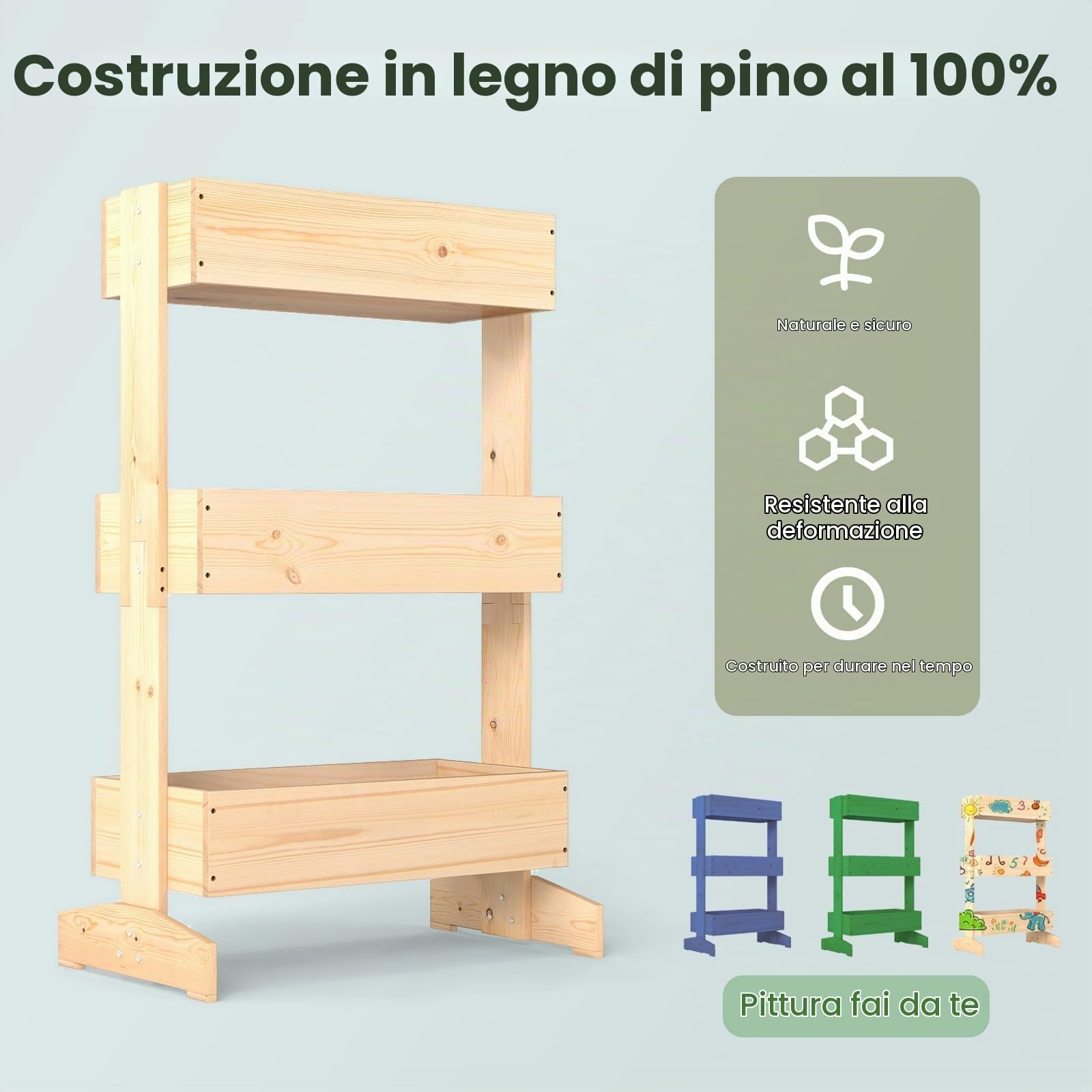 HOMASIS Orto Rialzato da Esterno a Tre Livelli, Fioriera Rialzata a Scala in Legno di Pino con Foro di Drenaggio, Vaso Regolabile per Fiori e Verdure da Giardino, 69 x 39 x 109 cm, Naturale