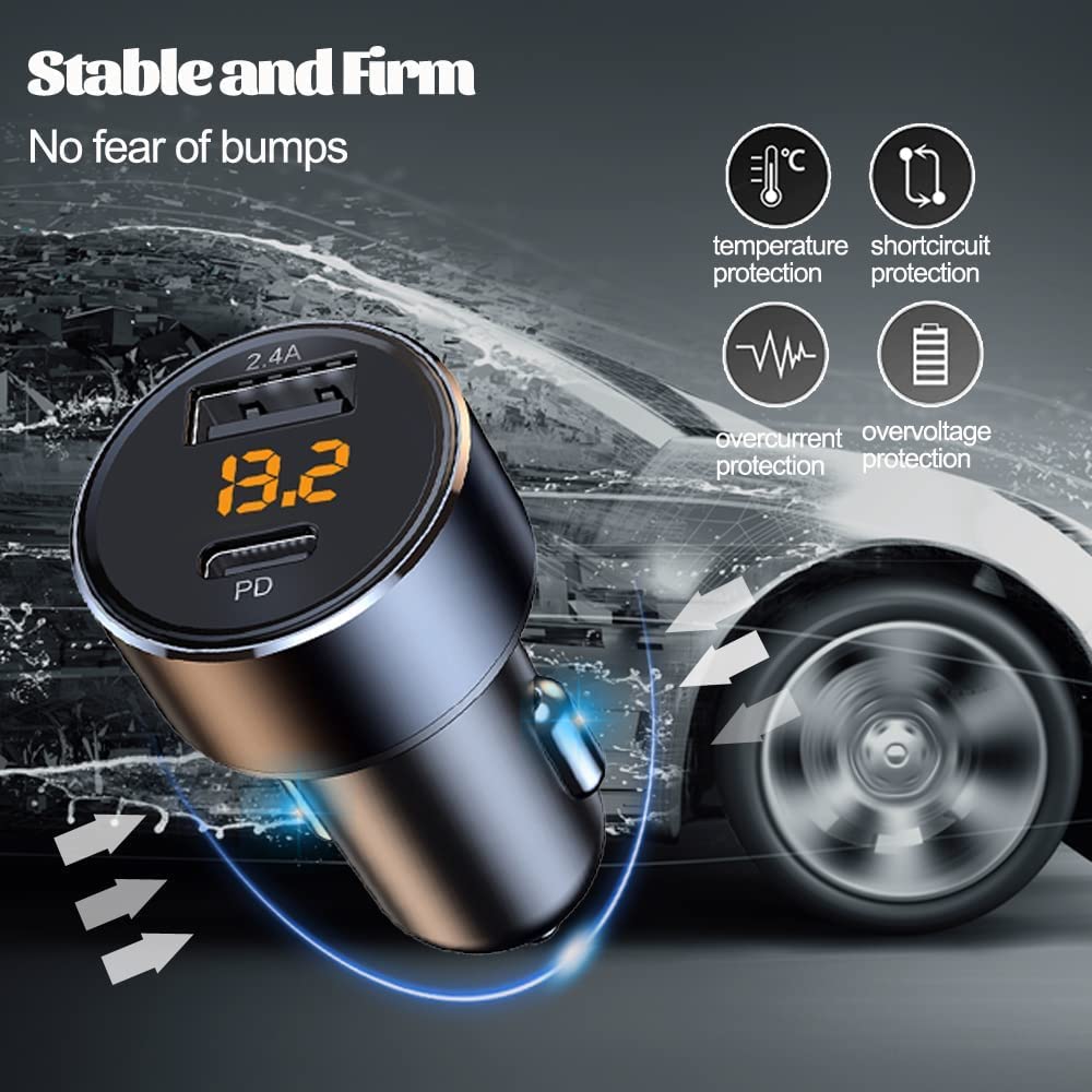 Caricabatteria Auto USB C 30 W, Adattatore Mini 2.4A con Display a LED di Tensione per Caricatore Auto da 12 W e 18 W PD 12V per Tablet Telefono