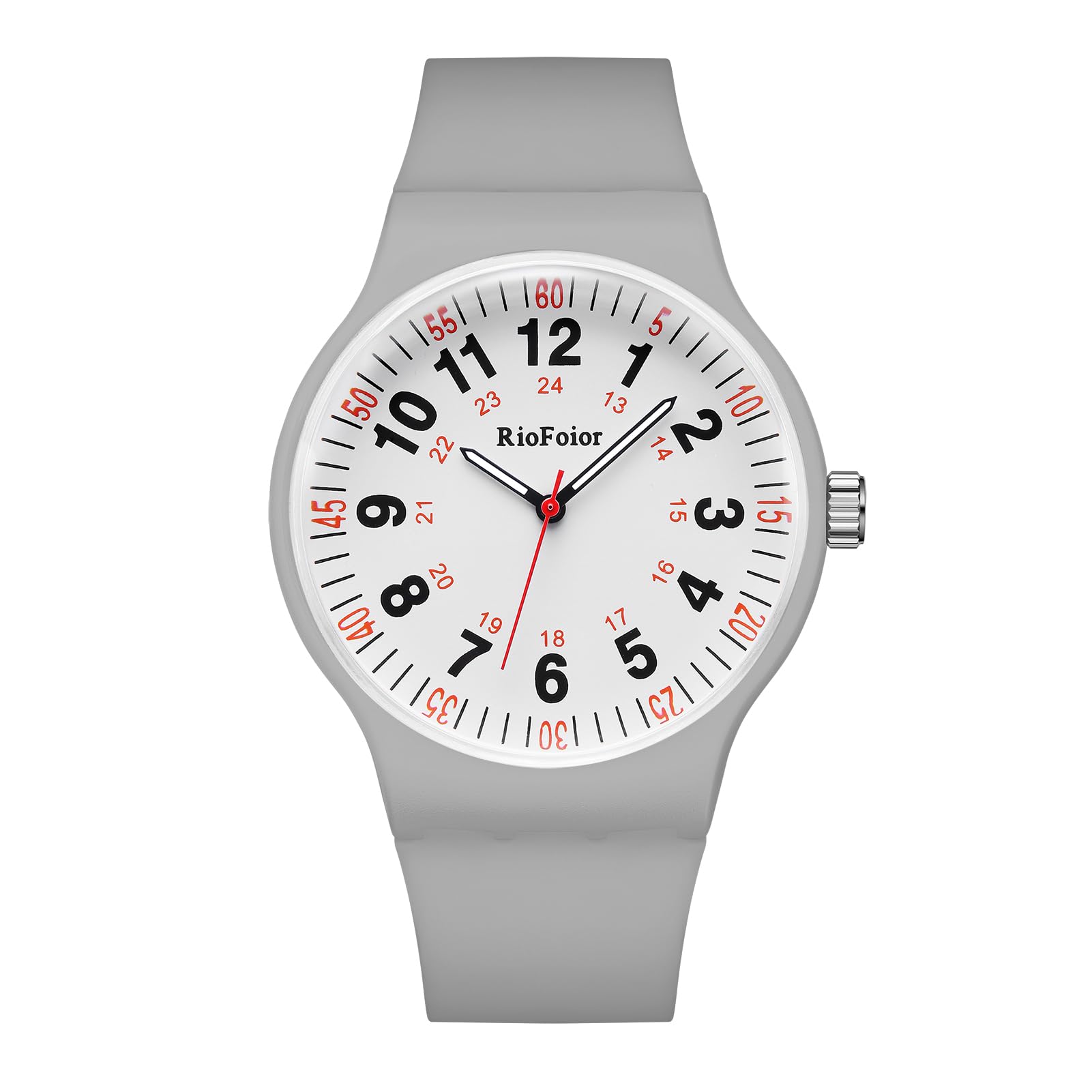 RioFoior Waterproof Analog Nurse Watch for Nurses,Students,Medical Professionals,Women,Men with Easy to Read Military Time Dials,Second Hand,Soft Breathable Gray Silicone Strap.