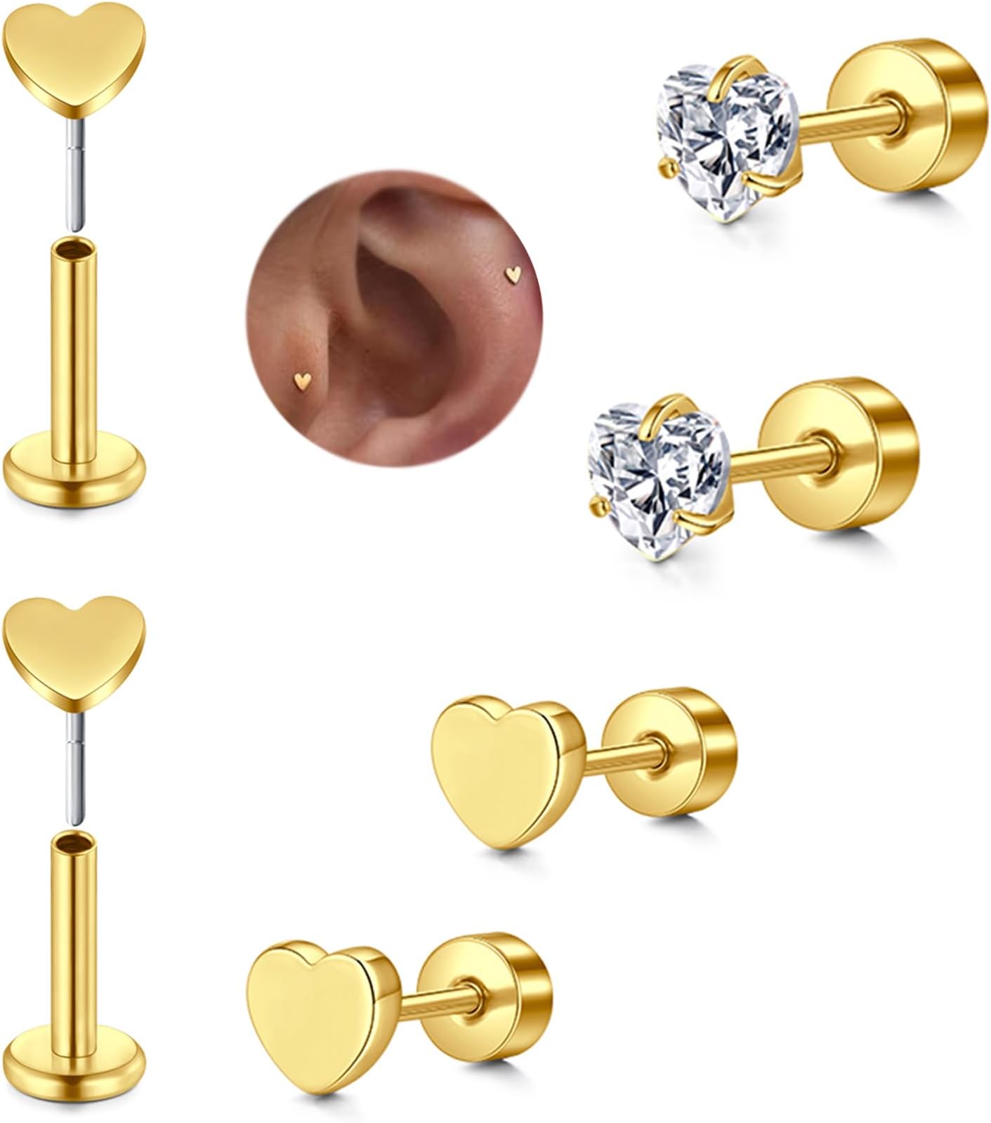 Silver Gold Cartilage Earring for Women Hypoallergenic Flat Back Earrings Threadless Helix Earring Tragus Studs 6mm Cartilage Jewelry Flatback Surgical Steel Butterfly Heart Earrings for Women