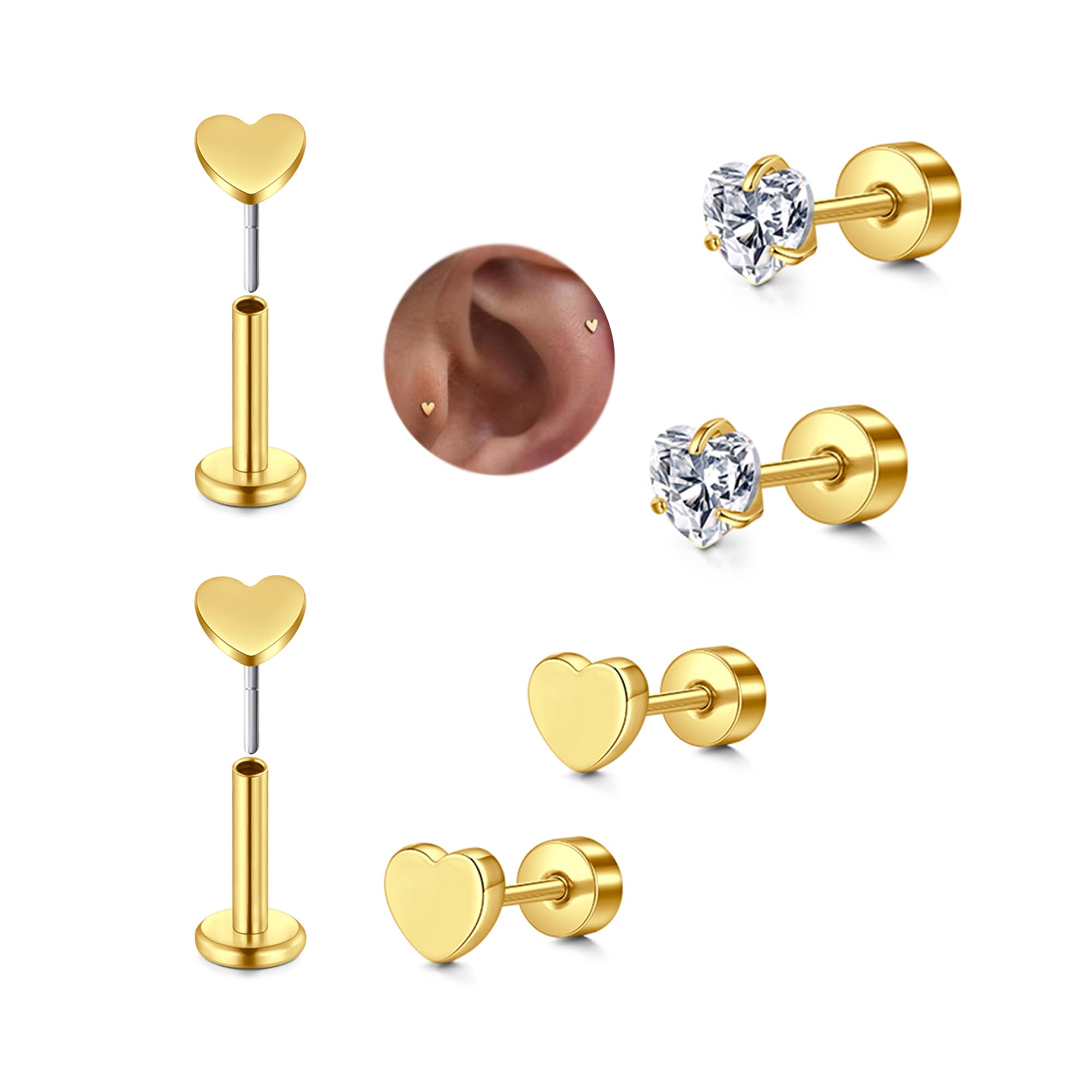 MODRSA Silver Gold Cartilage Earring for Women Hypoallergenic Flat Back Earrings Threadless Helix Earring Tragus Studs 6mm Cartilage Jewelry Flatback Surgical Steel Butterfly Heart Earrings for Women