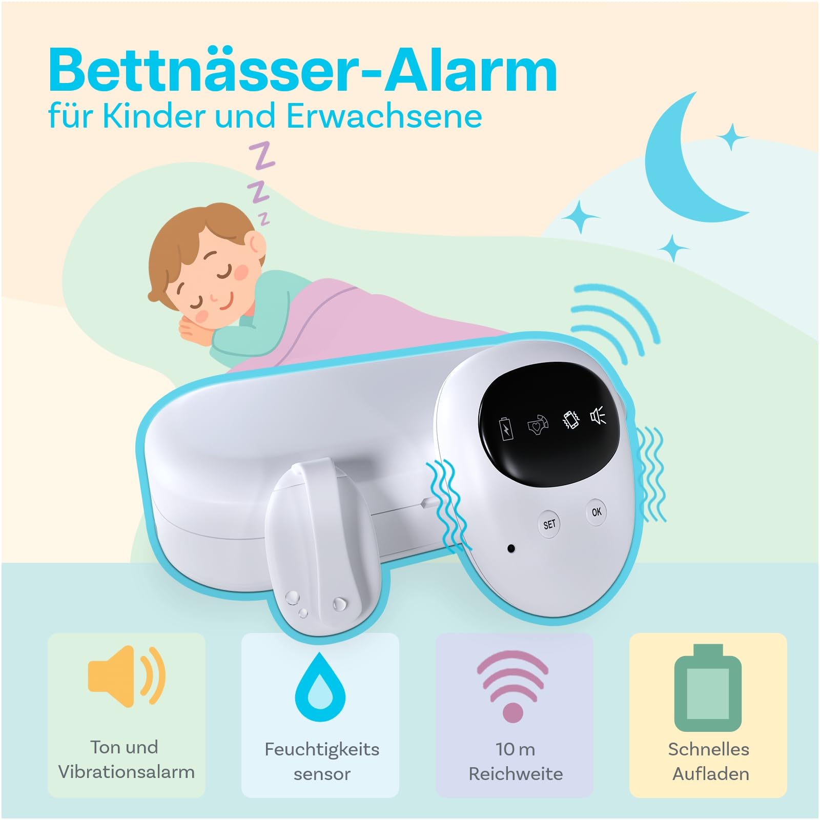 Kabelloser Bettnässer-Alarm für Jungen und Mädchen von MMOBIEL – Töpfchen-Training mit Geräuschen und Vibration – Pipi-Alarm für Kinder & Erwachsene – Bettnässensor, Pinkel Alarm - USB-wiederaufladbar