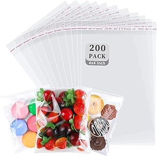200 Pcs Cookie bags Clear Self Sealing Cellophane Treat Bags for Packaging, 4x4 Inch Cookie Bags for Gift Giving Bakery Co...