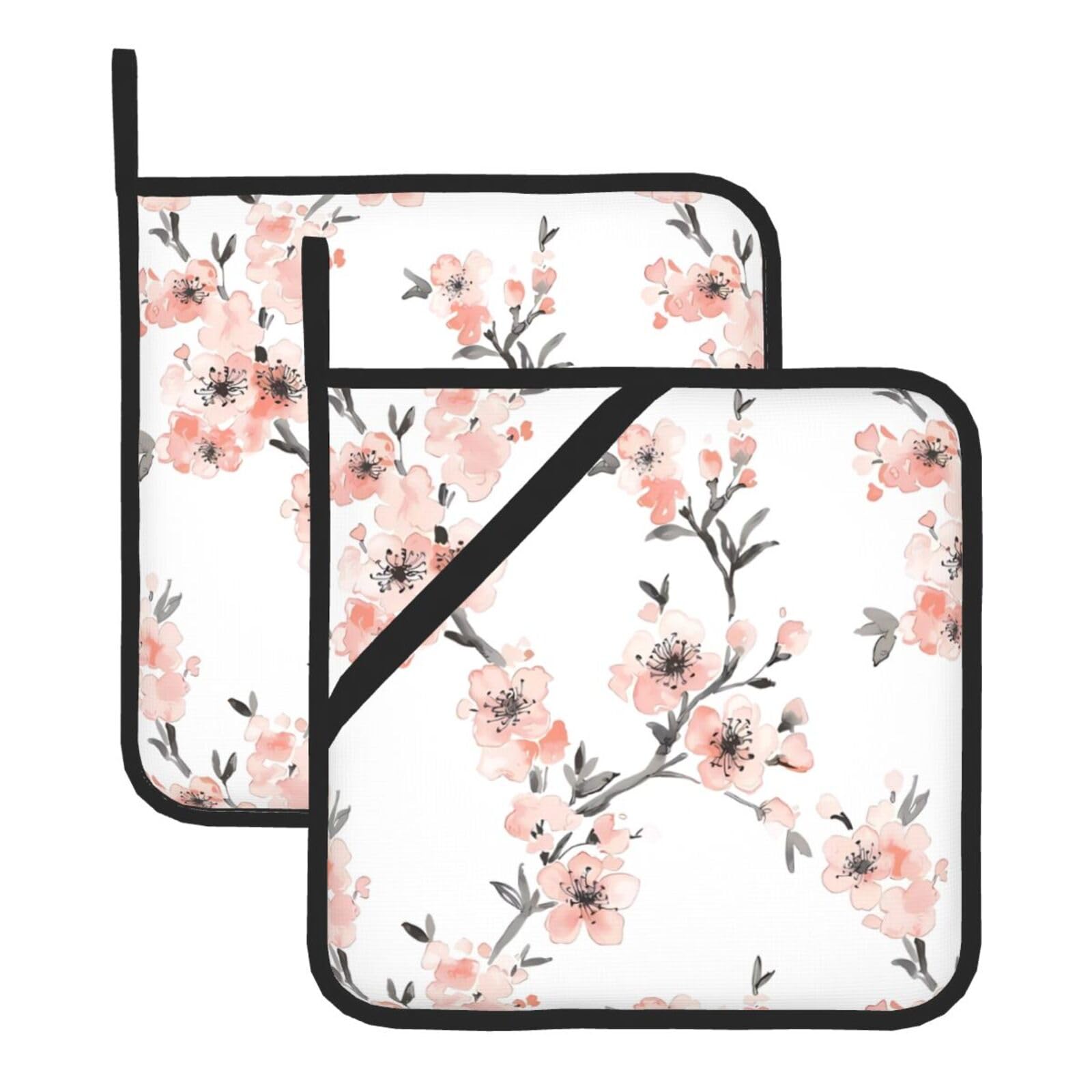 HJFCZH Light Coral Cherry Blossom Prints Square Hot Pads for Kitchen Counter - Waterproof Pot Holders, Durable Heat Resistant Throw Layers for Serving, Oven & BBQ - 2 Pack