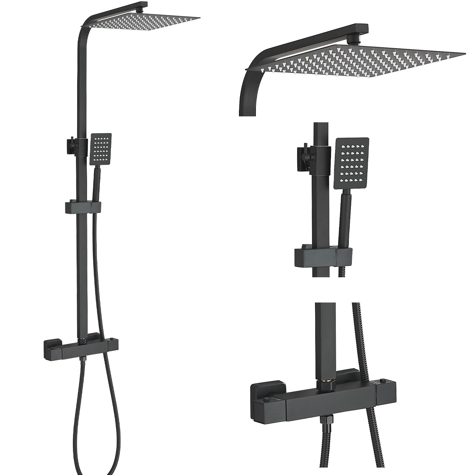 Thermostatic Shower Mixer Set,Dual Rainfall Heads & Hose,Bar Set with Rainfall Shower Head and Hand Shower,Adjustable Riser Rail Kit (Matte Black)