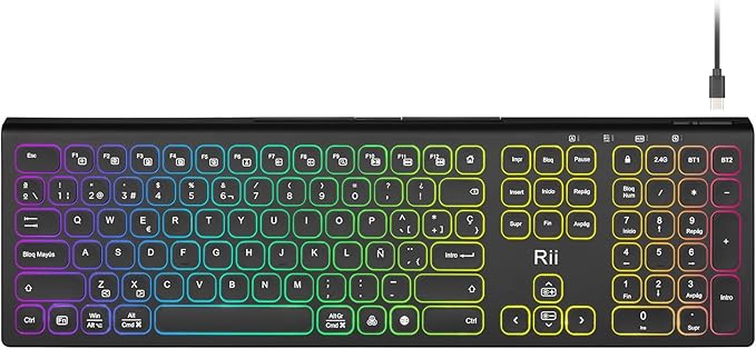 Rii RK801 Teclado Inalámbrico, 2 Modos de Conectividad, Retroiluminación RGB, Teclado con Mecanismo de Tijera, Layout Español