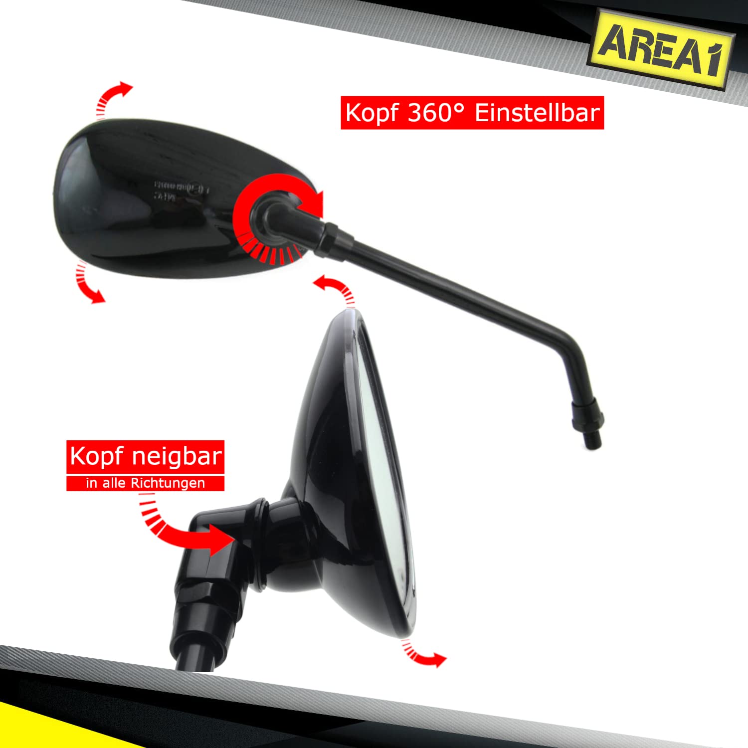 Area1 Espejos Retrovisores Scooter Universal Homologado, Par de Espejo Scooter (2xM8 Rosca derecha + 1xM8 Rosca izquierda) compatible con Sym Niu KSR