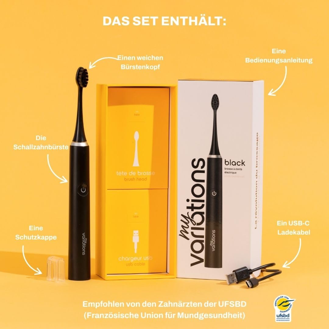 My Variations - Elektrische Schallzahnbürste - wiederaufladbar - 1 Monat Akku - 5 Putzmodi - integrierter Timer für 2 Minuten - 1 Griff und 1 Bürste (schwarz)