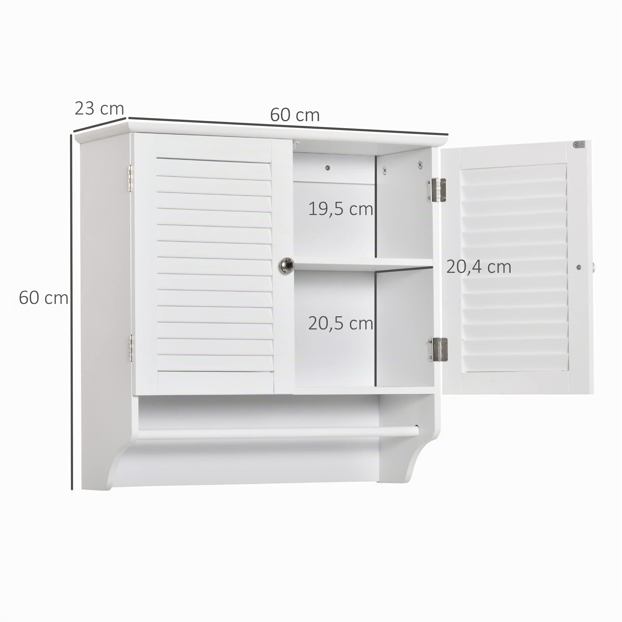 kleankin Armario Baño de Pared 2 Puertas de Persiana 60x23x60 cm Blanco | Estante Interior, Barra de Toallero, Mueble Auxiliar Suspendido, Moderno, Multiusos para Cocina