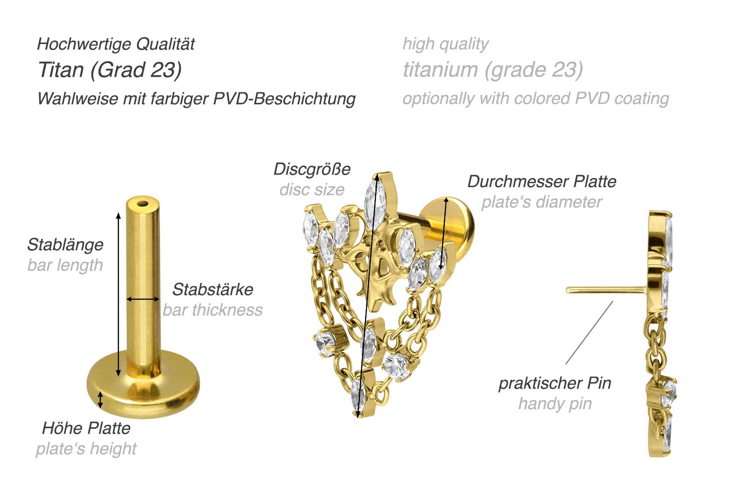 PIERCINGLINE Piercing Stecker Titan Labret mit Push Fit GOTISCHE KRONE + KETTEN - Roségoldfarben, Schwarz, Goldfarben, Silberfarben