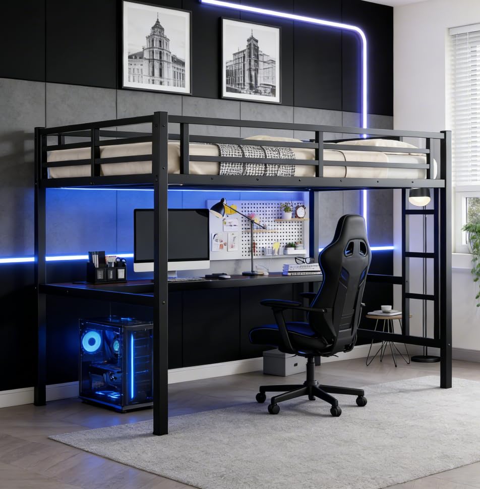 Bellemave Queen Loft Bed with Desk and LED, Metal Queen Loft BedFrame with guardrail and Ladder for Adults, Kids, Teens, Black