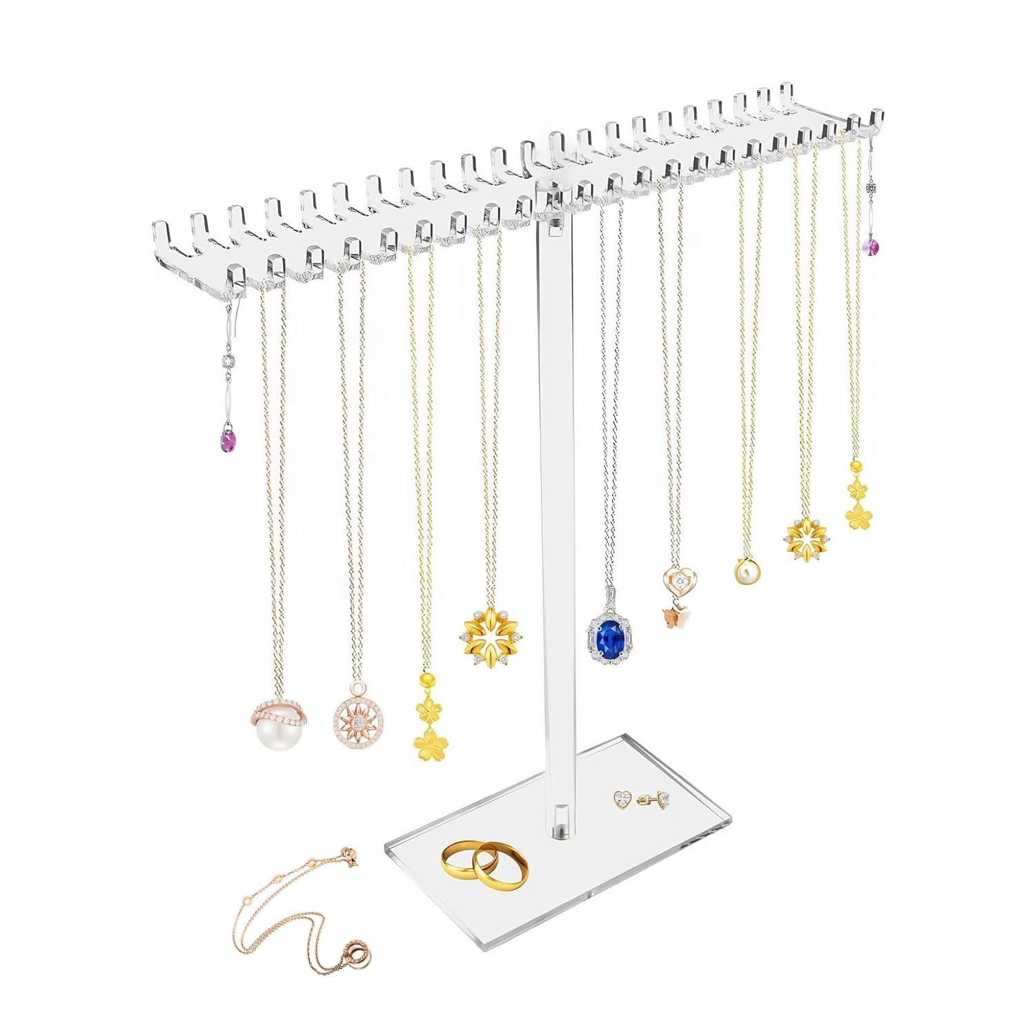 Joyola Transparent Clear Acrylic Necklace Holder, Clear Hanging Jewellery Organiser Stand Holder, Hanging Acrylic Jewelry Organiser Stand With 42 Hooks For Necklaces Bracelets Rings Earrings