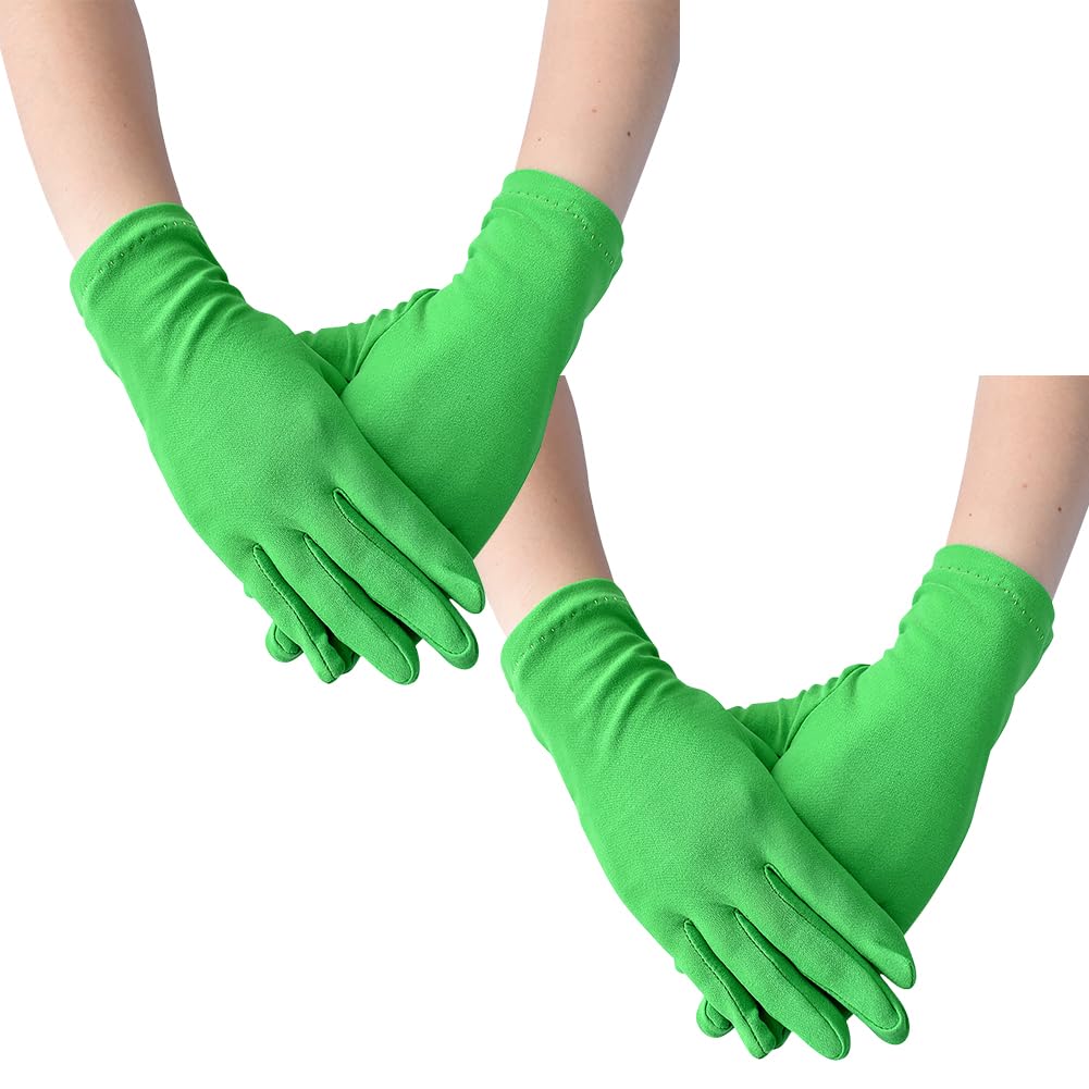 FSSTUD 2 works Green Solid Stretchy Satin Gloves - Simple Style, Slim Hands, Wedding, Party, Opera - Polyester, One Size Fits Most