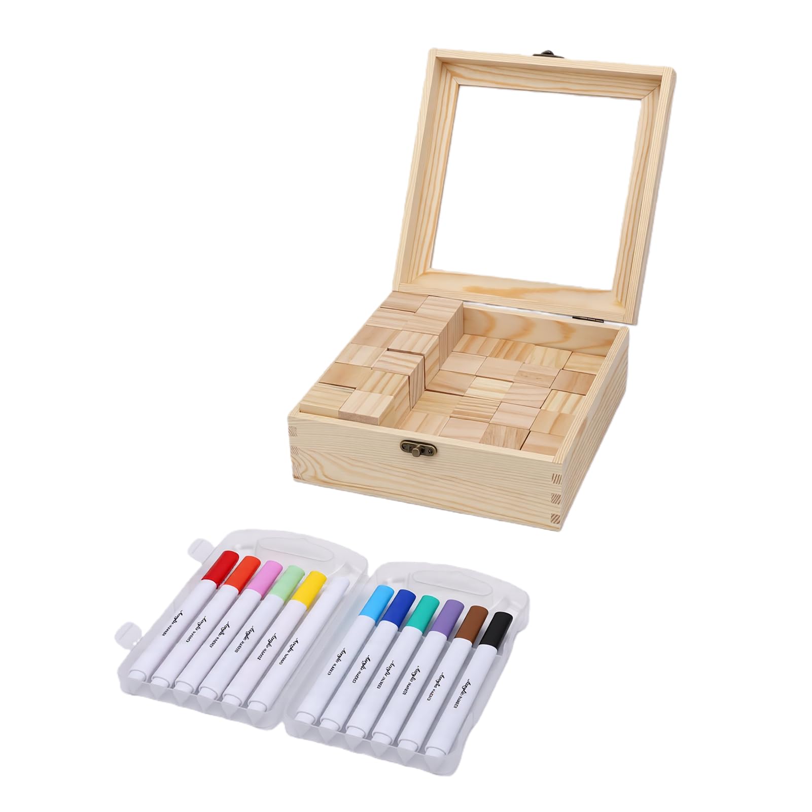 Brrnoo Juego de Bloques para Baby Shower con 48 Bloques de Madera, 12 Bolígrafos de Colores, 42 Plantillas, Caja de Madera para Fiesta de bebé, Revelación de Género, Celebración d