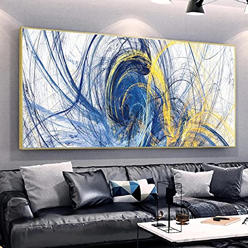 Art abstrait surdimensionné jaune et bleu 90x180cm avec cadre doré HYFBH