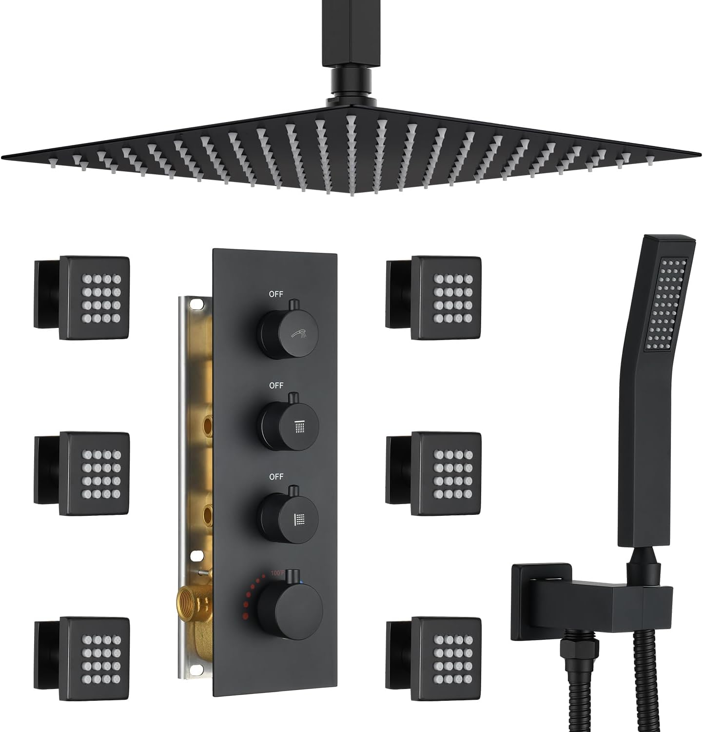 Matte Black Thermostatic Shower System with 6 Body Jets & 16-Inch Ceiling Rainfall Shower Head Bathroom Luxury Shower Faucet Set with High Pressure Handheld Sprayer, with Valve and Trim