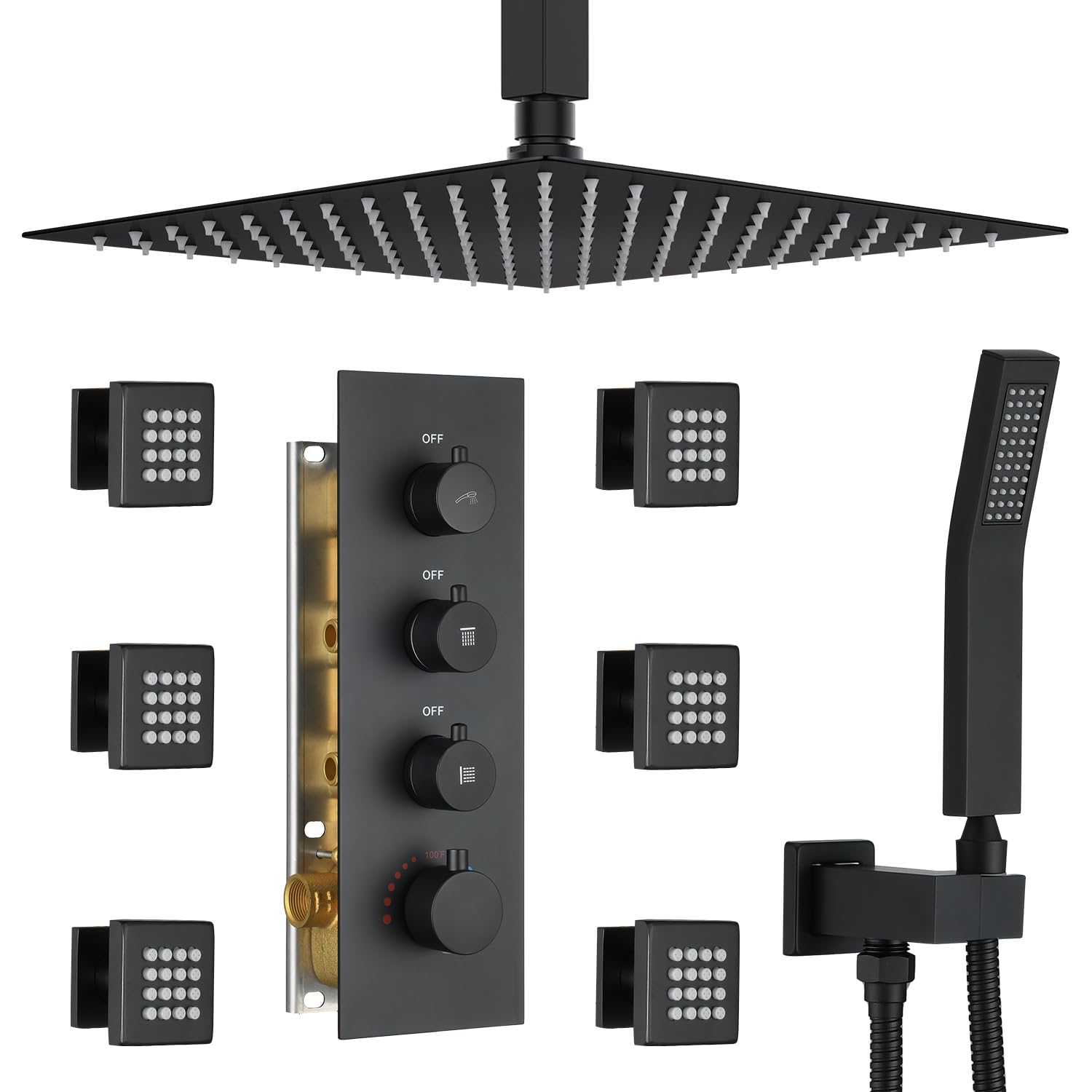 Matte Black Thermostatic Shower System with 6 Body Jets & 16-Inch Ceiling Rainfall Shower Head Bathroom Luxury Shower Faucet Set with High Pressure Handheld Sprayer, with Valve and Trim