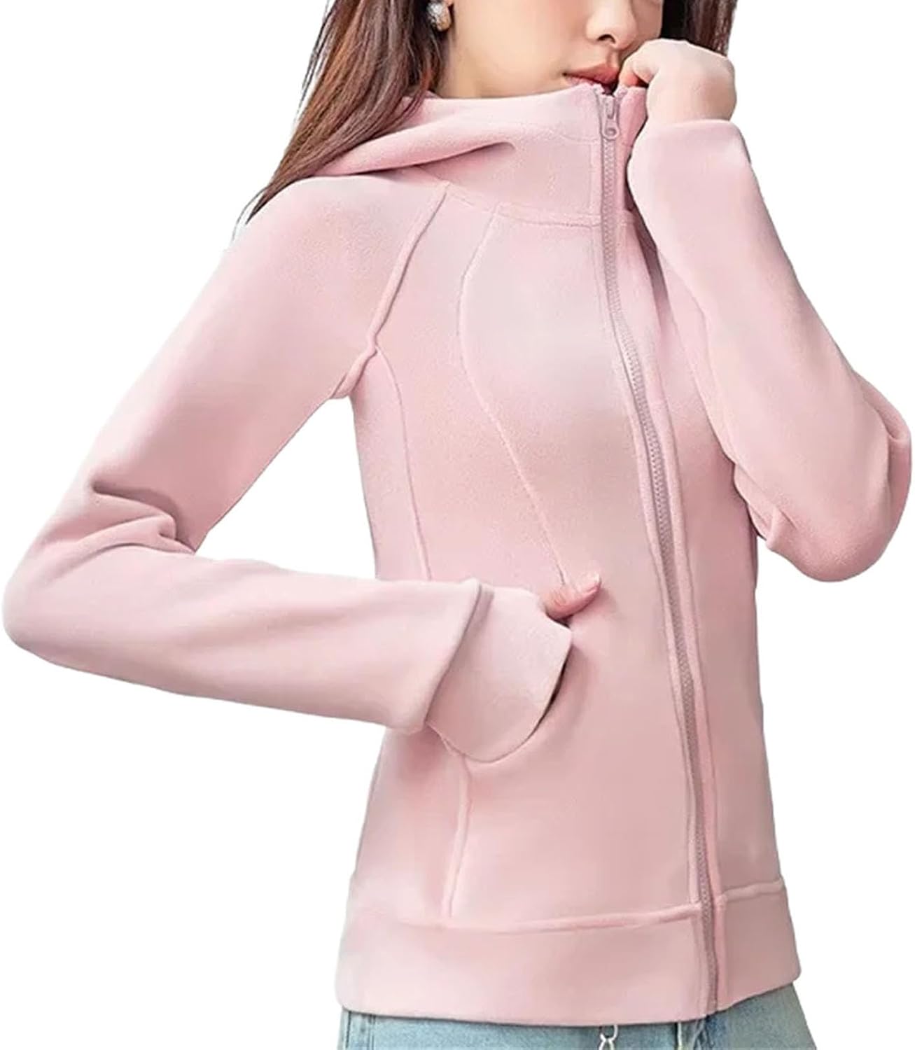 Womens Fleece Hoodie Sweatshirt Yoga Wear Slim Fit Cardigan Style Pockets Full Sleeve